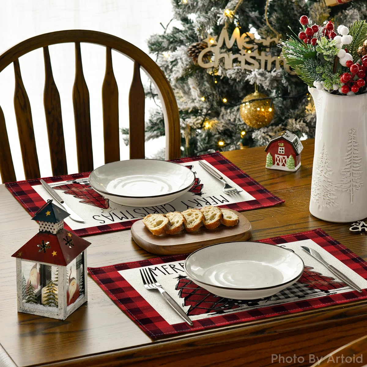 Artoid Mode Red and Black Buffalo Plaid Christmas Trees Placemats Set of 6, 12x18 Inch Winter Table Mats for Outdoor Home Party Kitchen Dining Decor