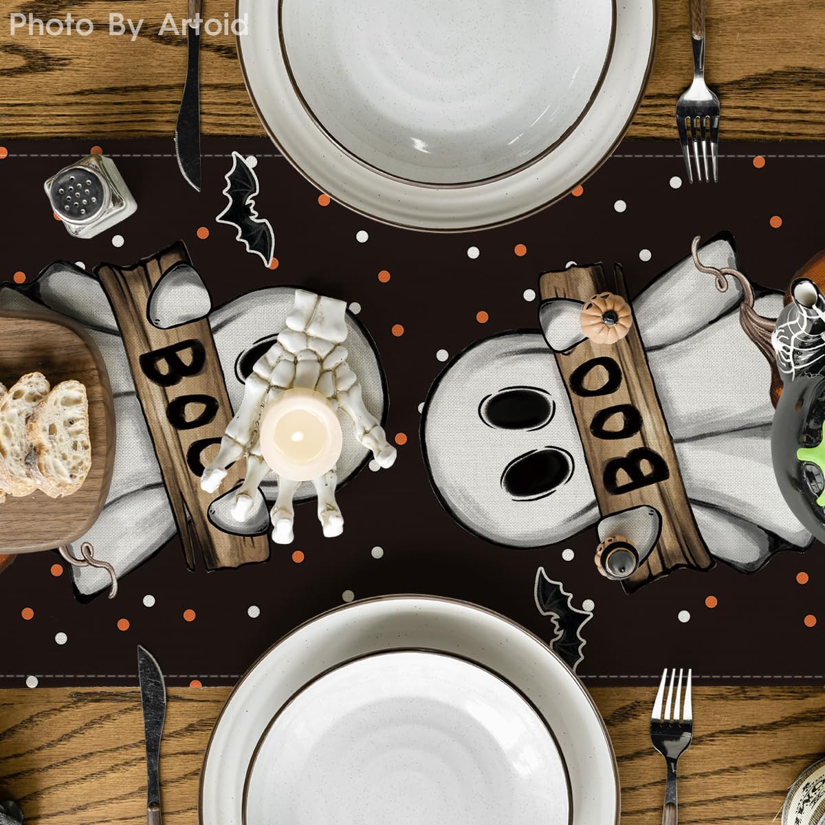 Polka Dot Ghost Pumpkin Cat Boo Halloween Table Runner, Bat Seasonal Fall Kitchen Dining Table Decoration for Home Party Decor 13x36 Inch