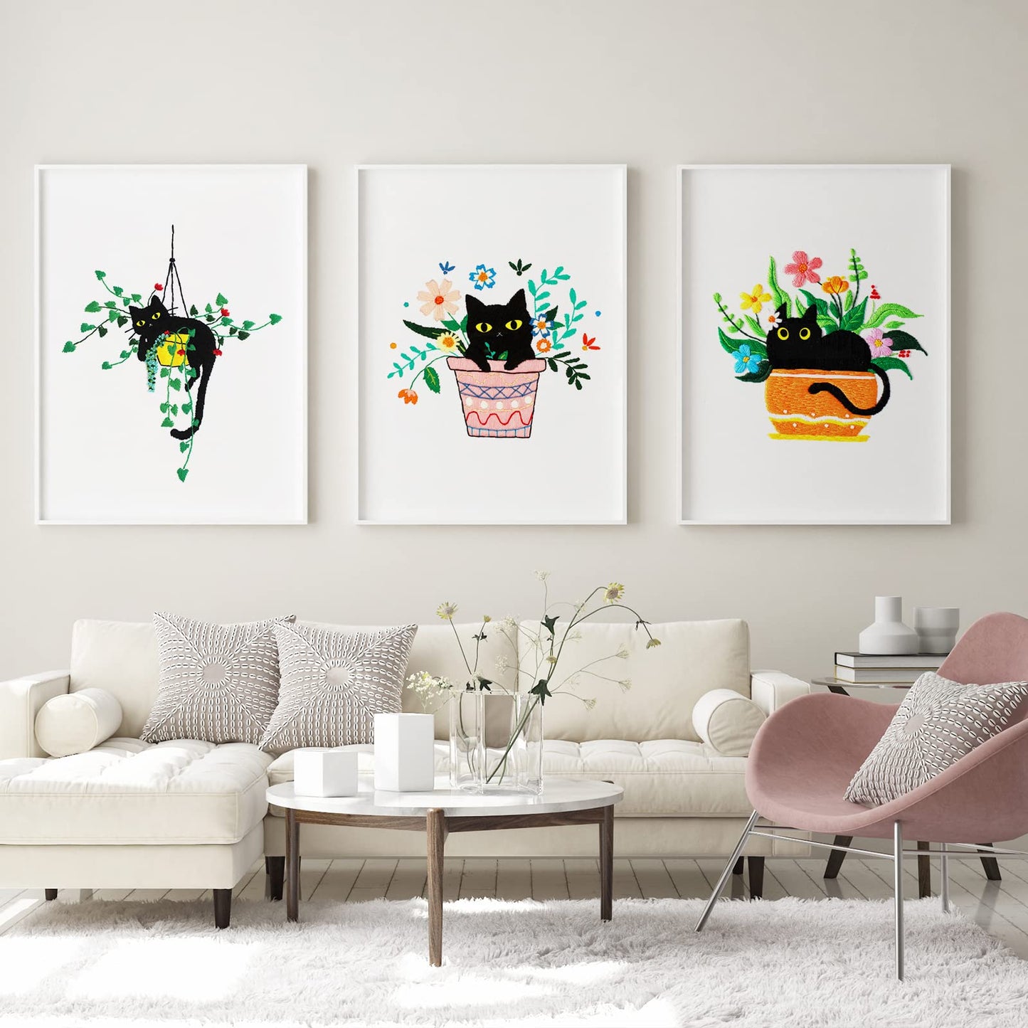 Louise Maelys Embroidery kit with Cat Plant Stamped for Starters, Cross Stitch Kits for Beginners Adults, Include Embroidery Cloth, Hoop,Needles,Instruction and Threads