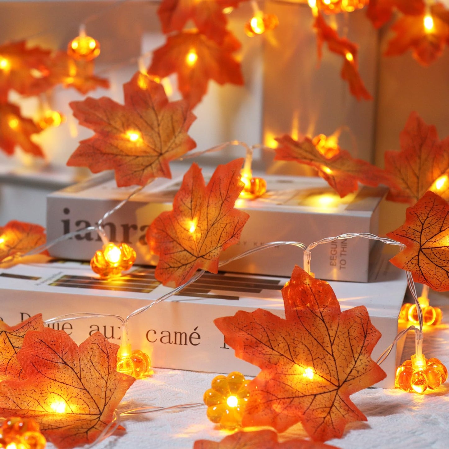 2 Pack Thanksgiving Decorations Maple Leaf Pumpkin Lights, Total 20Ft 40 LED Battery Operated 3D Pumpkin Fall Leaves Garland String Light for Home Mantel Porch Indoor Outdoor Halloween Fall Decor