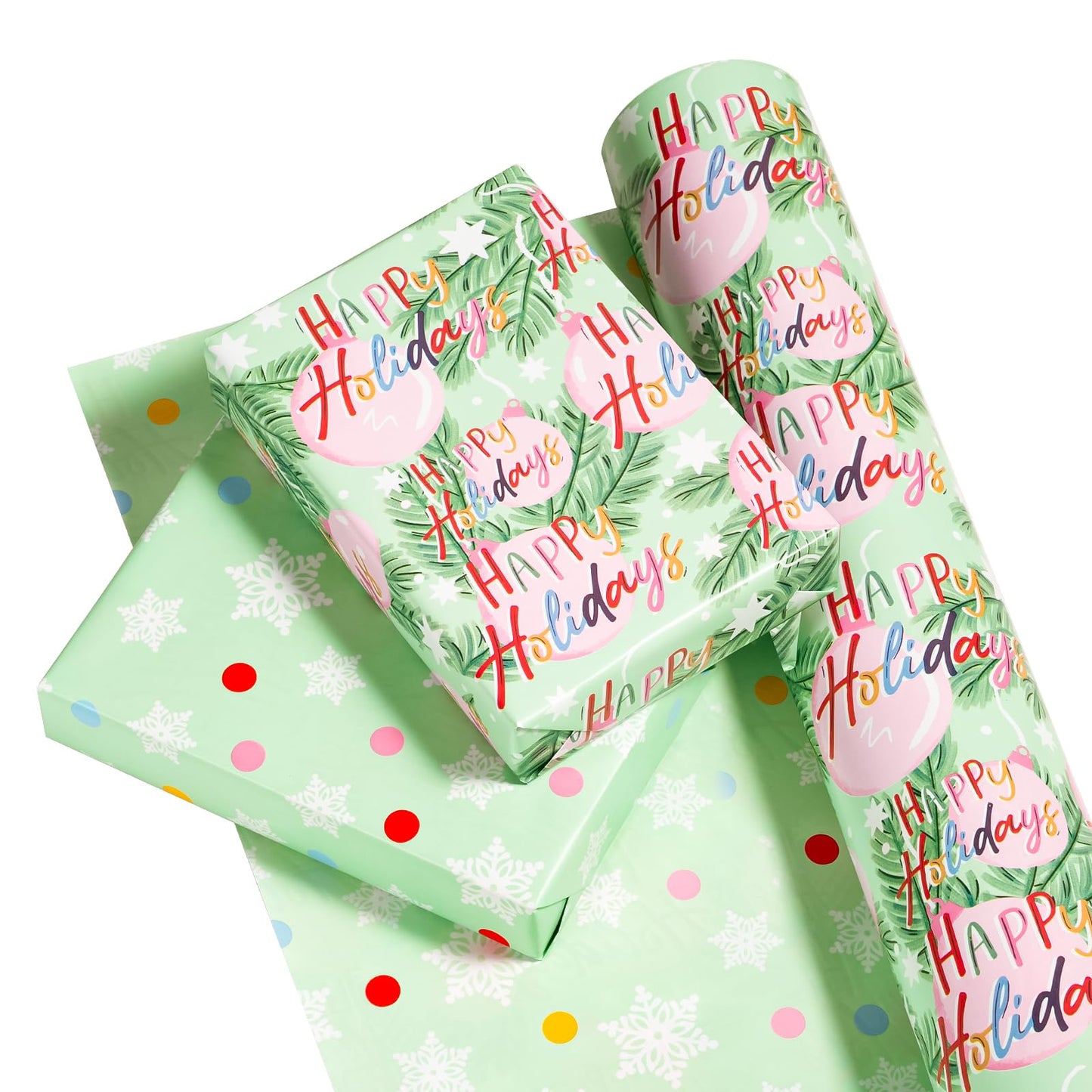 30 Inch Jumbo Reversible Christmas Wrapping Paper - 30 Inch x 33 Feet - Happy Holiday Lettering with Christmas Ball Design for Holiday, Party Celebration