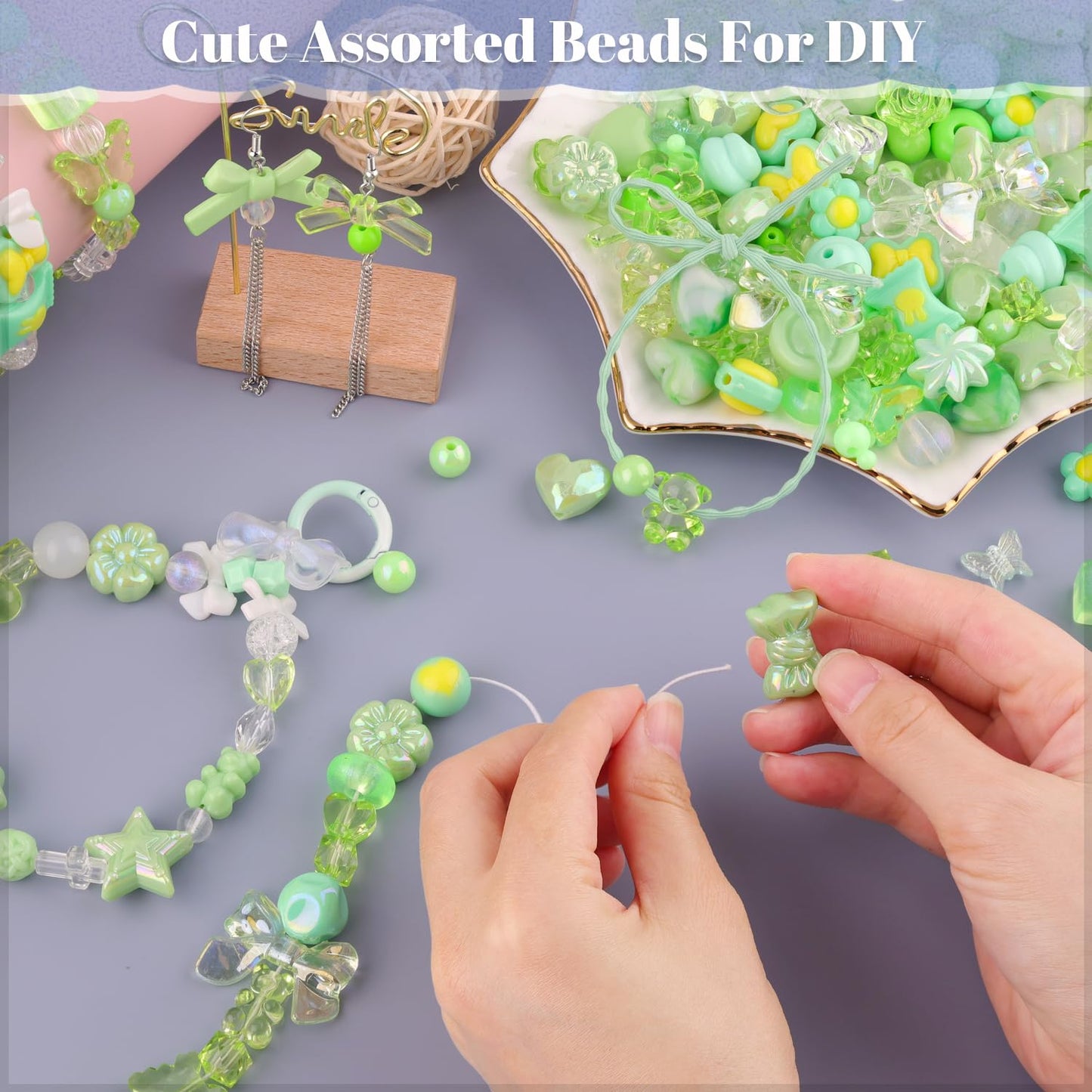 TINKRSTUFF Assorted 170-230PCS Green Acrylic Beads for Bracelet Making, Flower Bow Butterfly Candy GummyBear Aesthetic Bracelet Charms,Cute Beads for Jewelry Making DIY Necklace Keychain Phone Charm