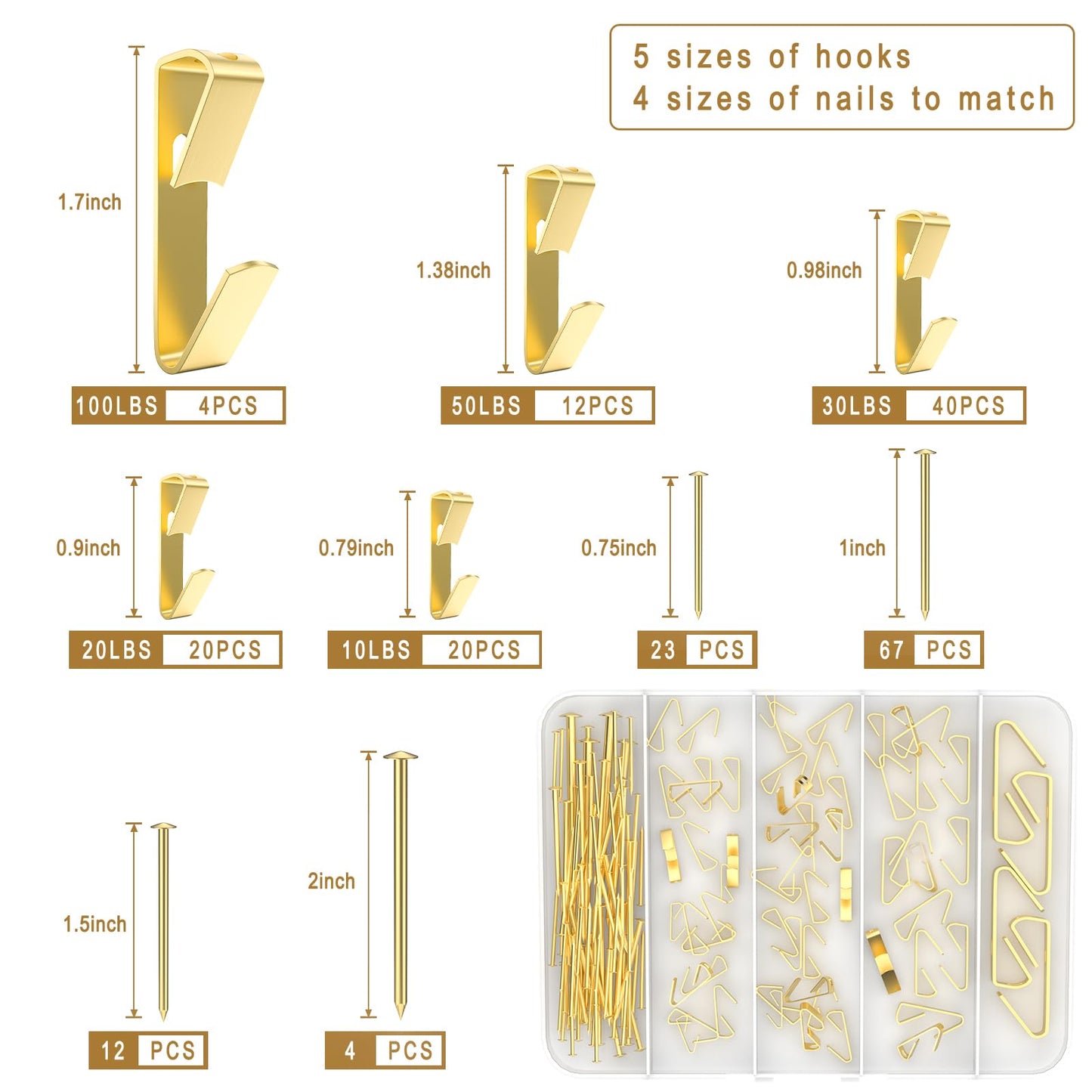 202 PCS Frame Hanger Kit, 10lb, 20lb, 30lb, 50lb&100lb Picture Hanging Hardware Kit, Picture Hanging Tool, Pcture Hangers,Picture Frame Hanging Kit, Picture Hooks for Pictures, Canvas, Mirror (Gold1)