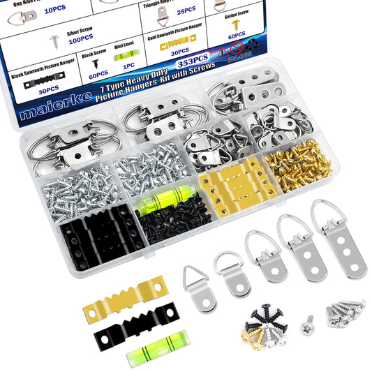 353PCS Picture Hanging Kit,Picture Hangers Heavy Duty Picture Hanging Hooks with Screws,Picture Frame Hooks Heavy Duty Picture Framing Supplies Kit for Picture Hanging(7 Types)
