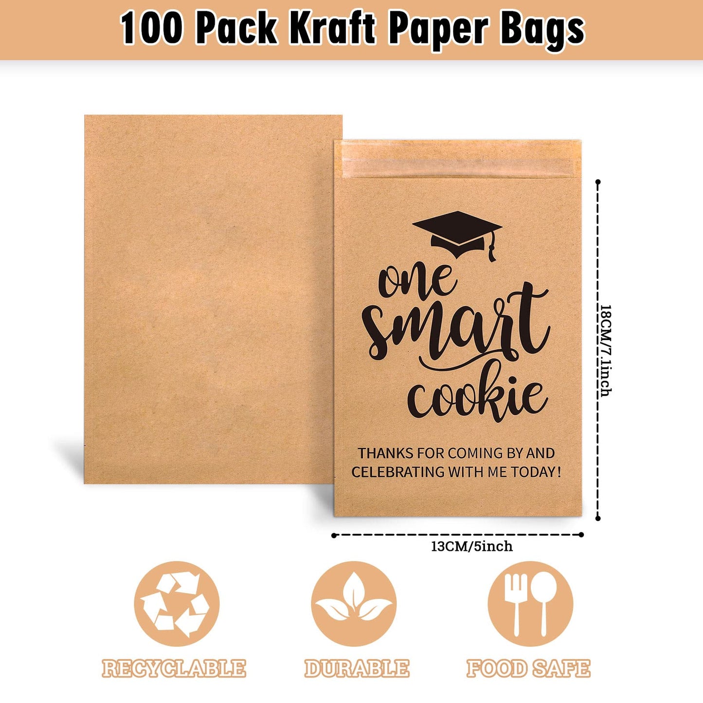 Whaline 100 Pack 2026 Graduation Candy Cookie Gift Bags One Smart Cookie Self-Adhesive Buffet Treat Bag Congrats Grad Kraft Paper Treat Gift Bags for 2026 Graduation Party Decoration Supplies