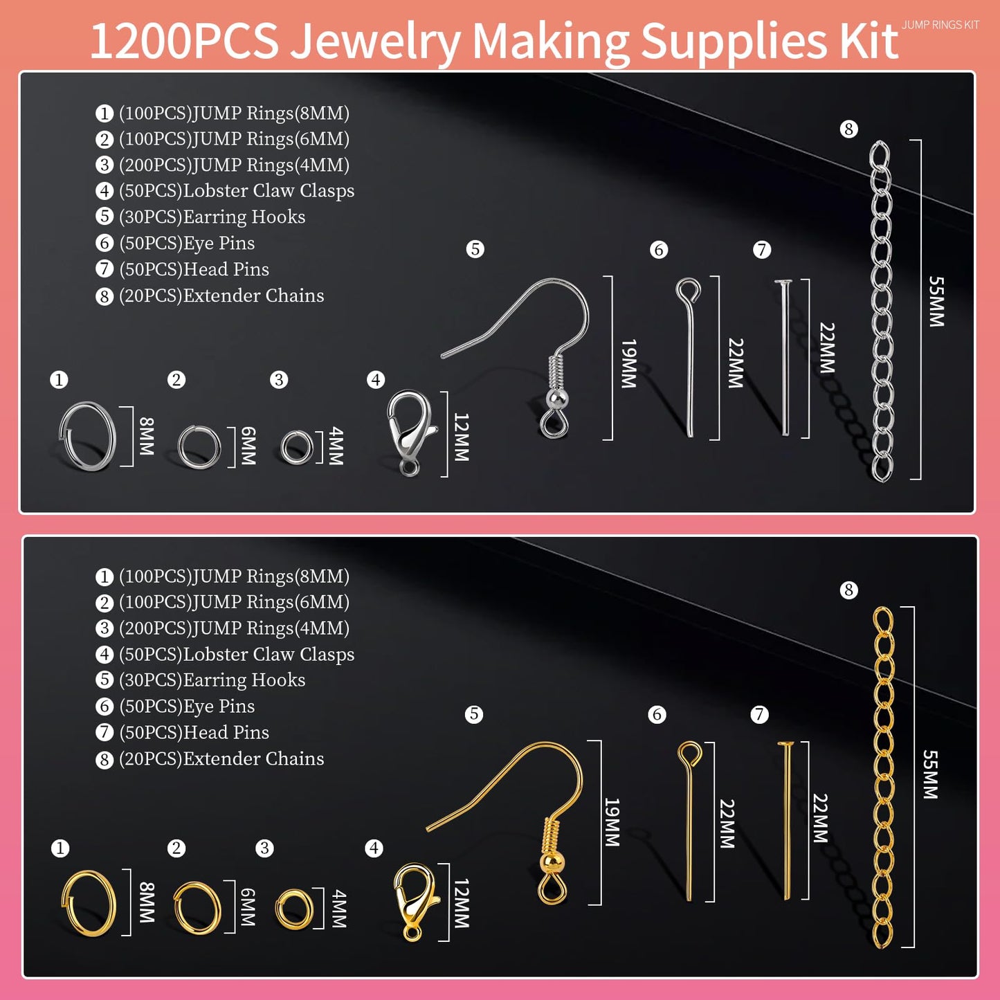 1200PCS Jewelry Making Supplies, Jump Rings for Jewelry Making, Earring Hooks Earring Findings for Jewelry Making, Silver Gold Jump Rings, Lobster Claw Clasps Necklace Extender Chain