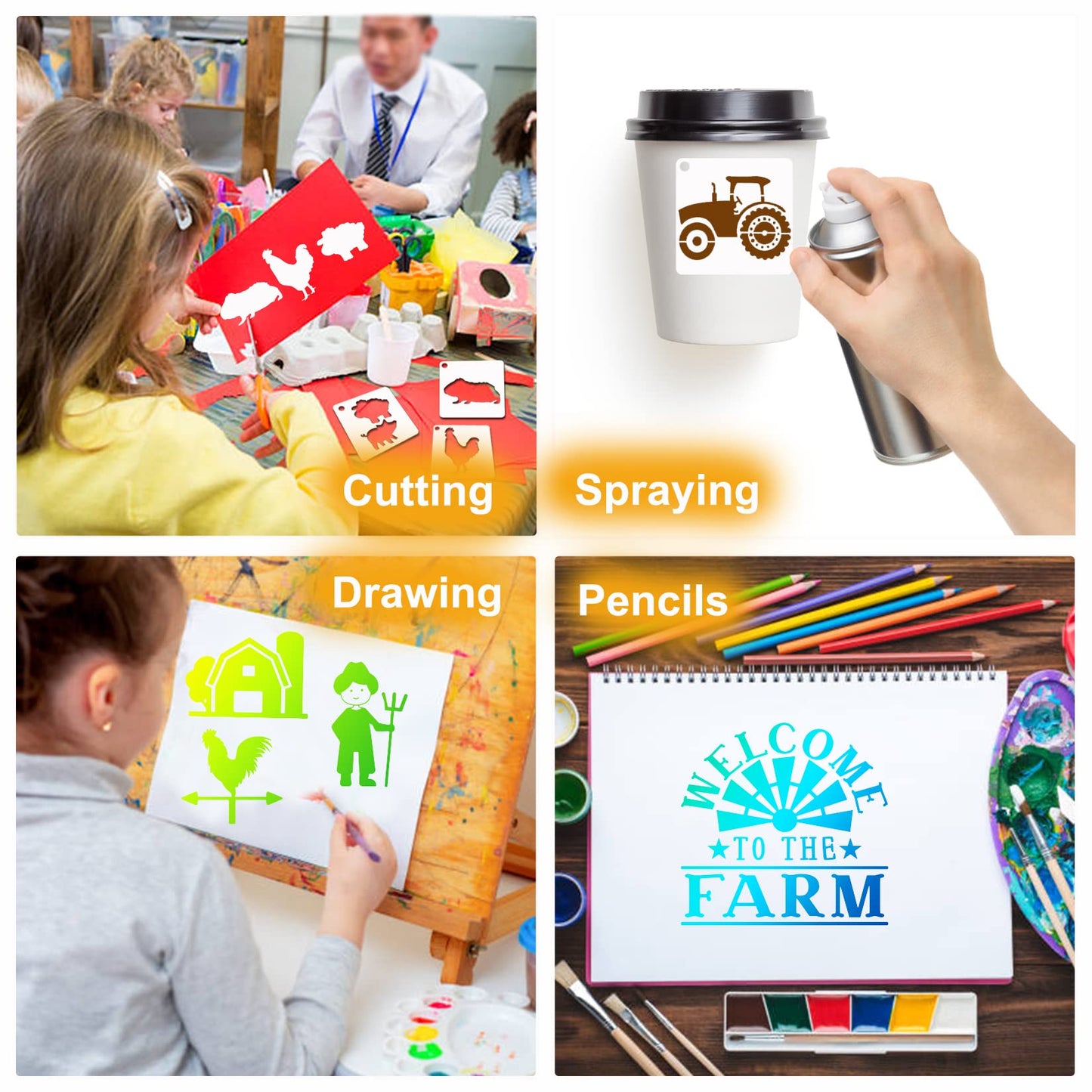 Small Stencils for Painting on Wood Reusable, 3 Inch Reusable Stencil for Craft Ornament Paint Template Stencils for Wall Card Rock Wood Signs Coasters Canvas Home Decor (Farm Animal)