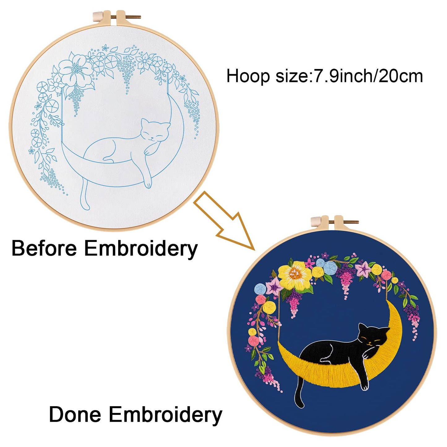 Louise Maelys Cat Moon Embroidery kit for Beginners,Cross Stitch Kits for Adult Including Cloth,Hoop, Color Threads,Needles and Instruction