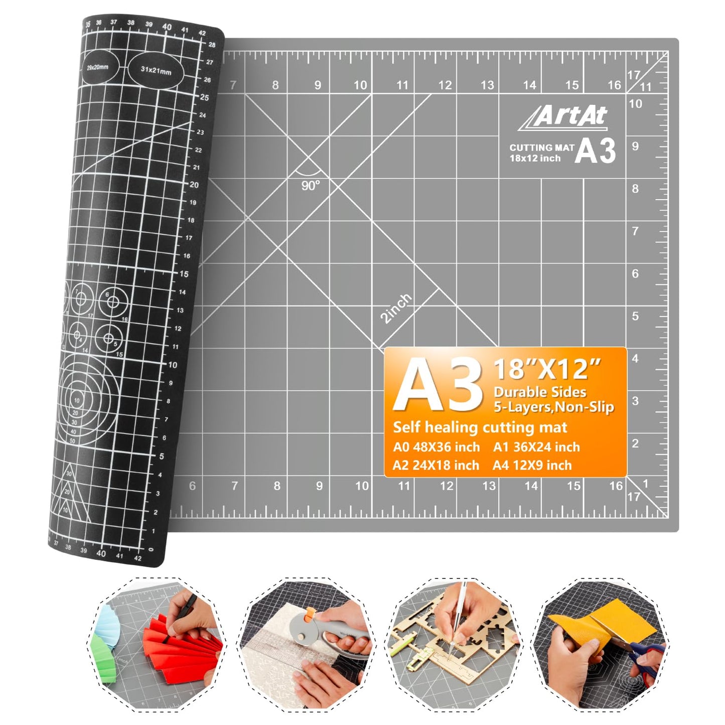 ArtAt Self Healing Cutting Mat: 12″x 18″ Black-Gray Eco-Craft Cutting Mat - 5-Layer Durable Anti-Blade-Wear Material for All Your Crafting Needs