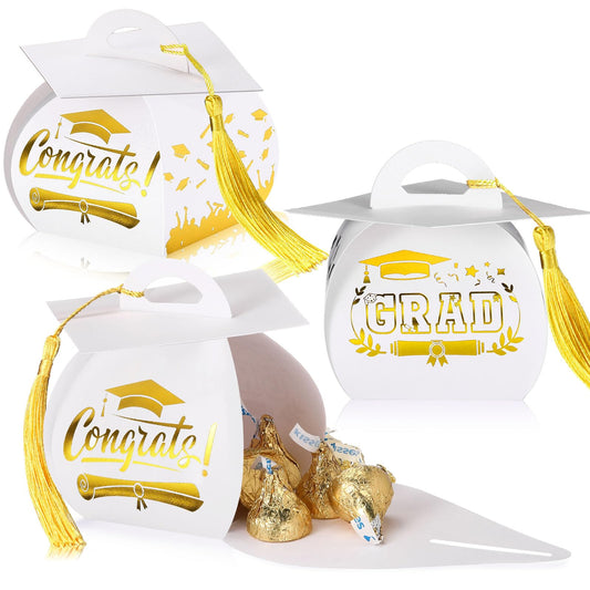 TaoBary 30 Pcs Graduation Cap Gift Boxes Graduation Decorations Class of 2026 Candy Box with Tassel for 2026 Grad Party Favors Supplies(White, Gold)