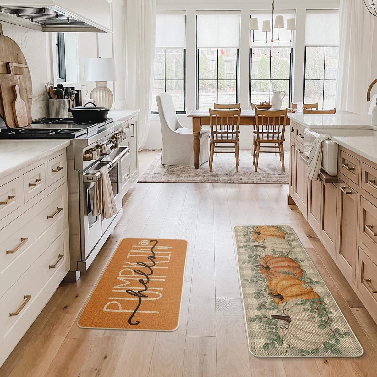 Artoid Mode Orange Buffalo Plaid Hello Pumpkin Eucalyptus Fall Kitchen Mats Set of 2, Home Decor Low-Profile Kitchen Rugs for Floor - 17x29 and 17x47 Inch