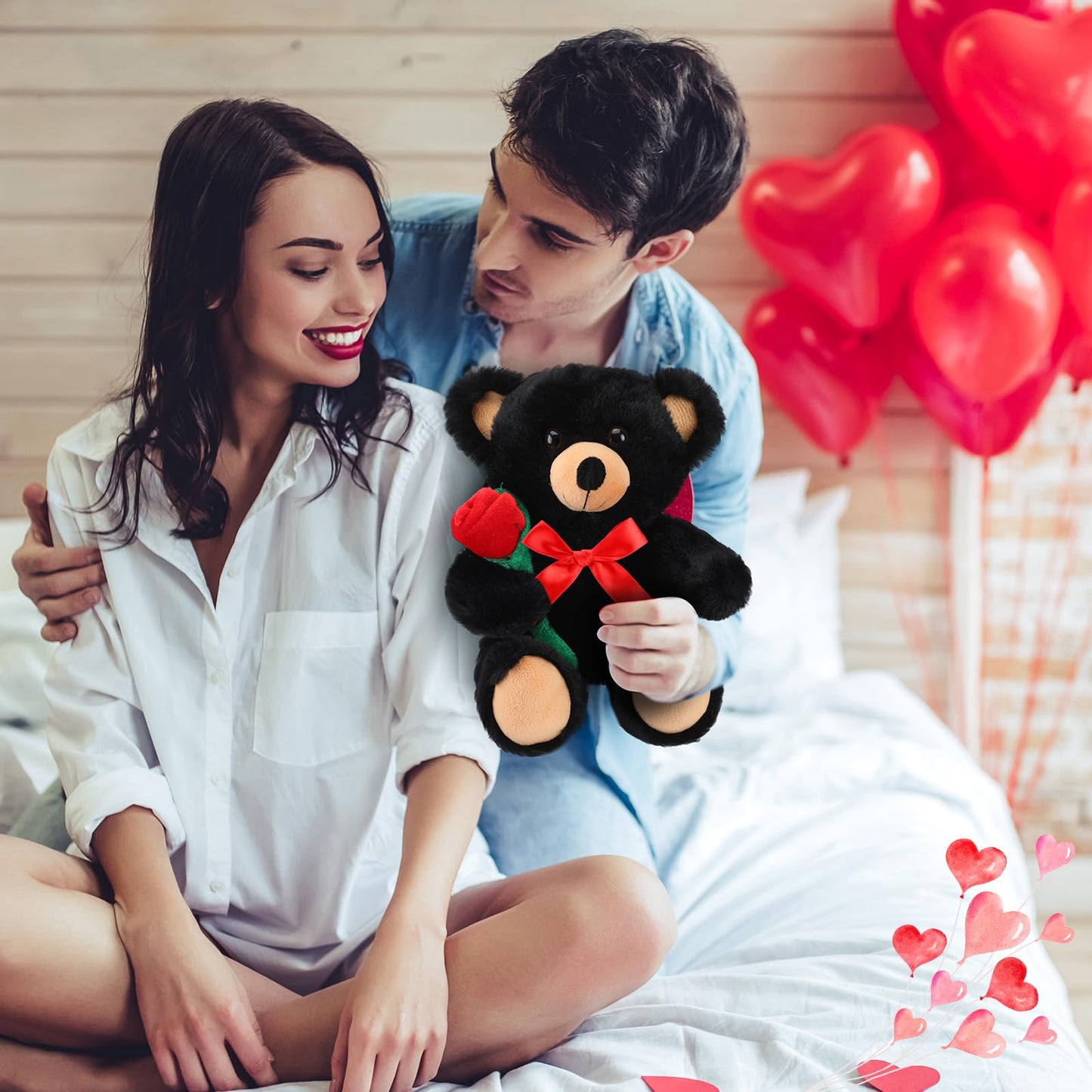 Valentine Bear Stuffed Animal Gift with Rose Funny Cute Bear Plush Stuffed Animal for Kids Toddler Mother Girlfriend Valentine Birthday Wedding, 11.8 Inches(Black)