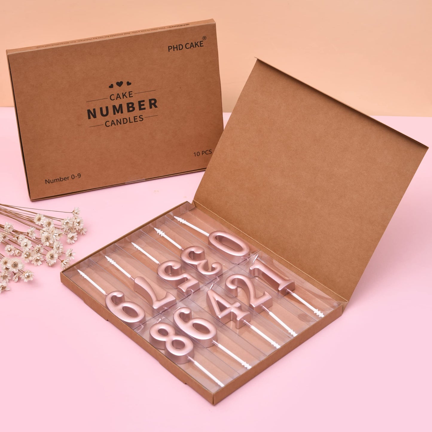 PHD CAKE 10-Pieces Rose Gold Numeral Birthday Candles, Cake Numeral Candles Number 0-9 Glitter Cake Topper Decoration for Birthday,Wedding Anniversary,Party Celebration