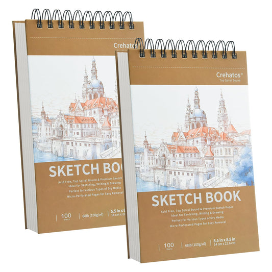 5.5" x 8.5" Sketch Book, Top Spiral Bound Sketch Pad, 100 Sheets Each 68lb/100gsm Drawing Paper, 2 Pack