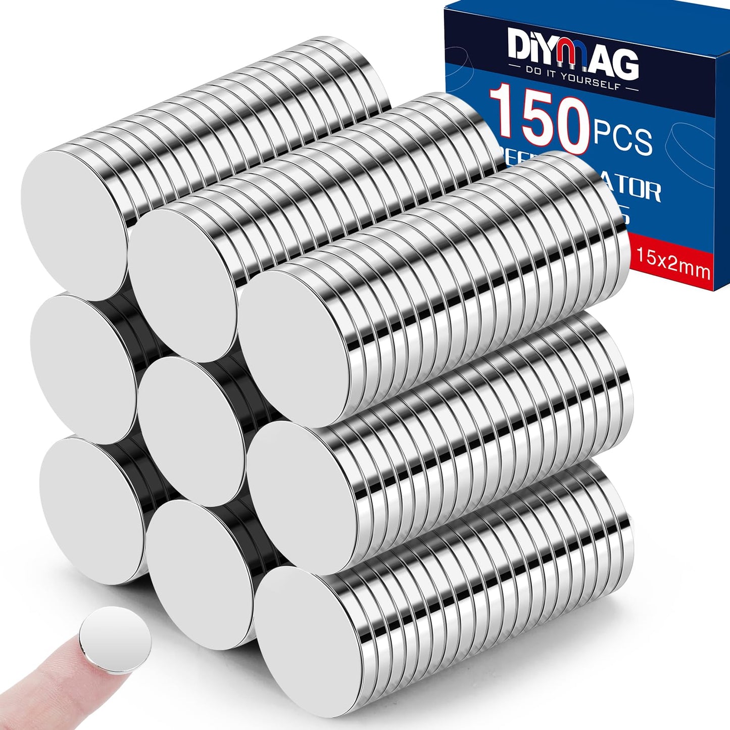 DIYMAG Small Stronge Rare Earth Magnets, 150 Pack, 15x2mm - Neodymium Magnets for Refrigerator, DIY, Crafts, Kitchen & Office