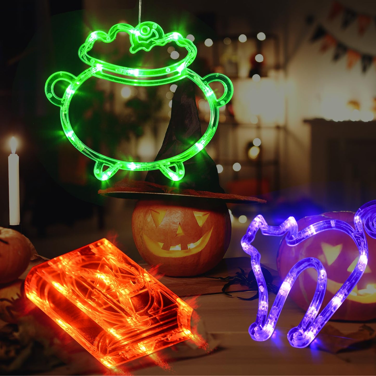 LOLStar Halloween Lights, 3 Packs Spellbook, Cat and Cauldron Halloween Lights with Suction Cup, Upgrade Timer and Slowly Fade Mode Battery Operated Indoor Lights for Halloween Window Decoration
