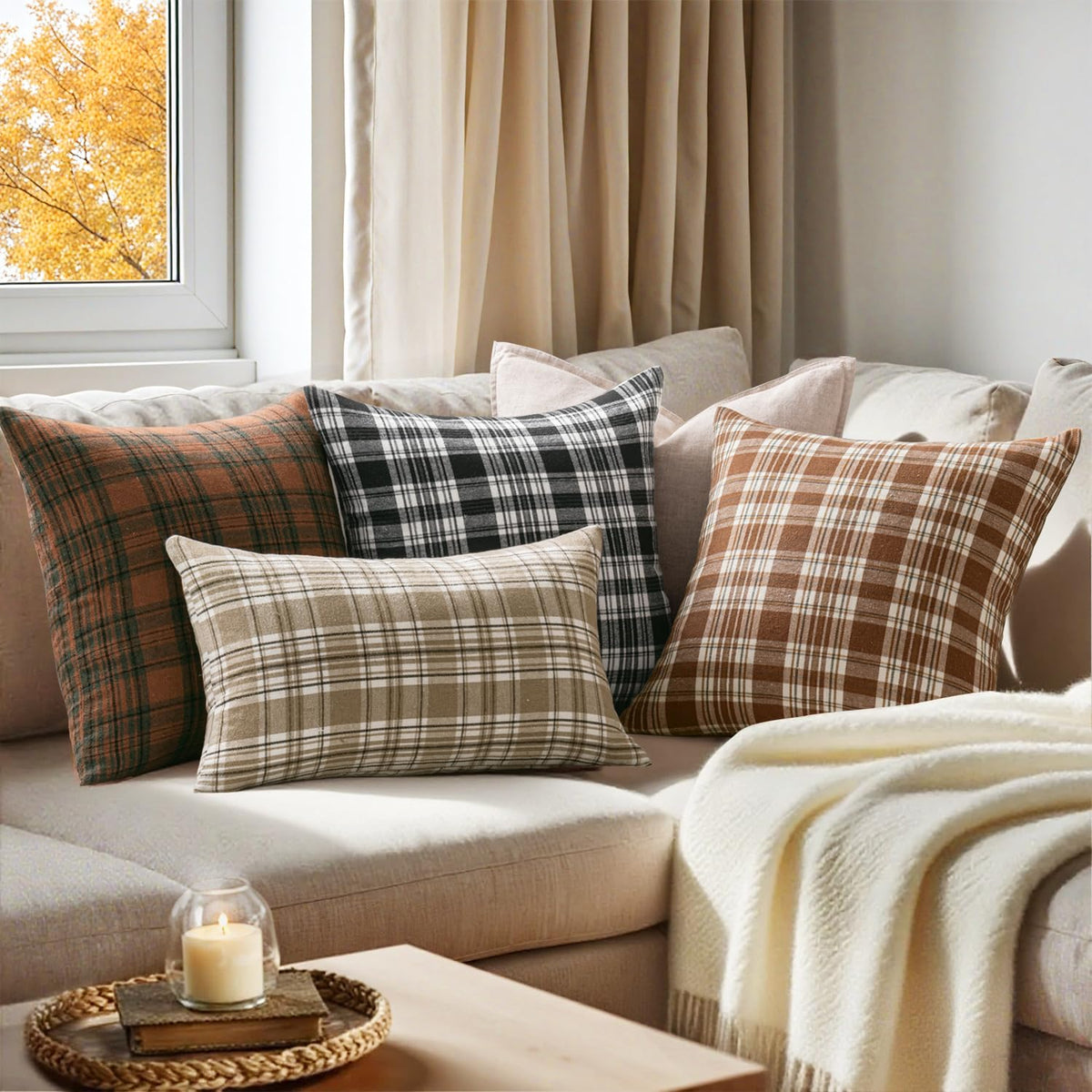 Halloween Plaid Pillow Covers Scottish Tartan 18x18 Black and White