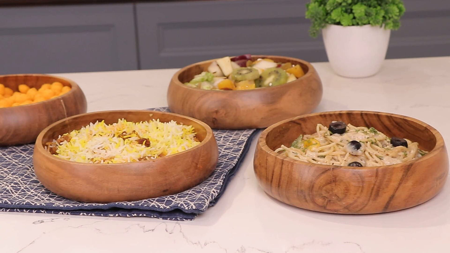 Set of 4 acacia wood bowls 8 x 2 inches (25 oz) with Food safe wood coating | Jointless plates type wood bowl for food | Wooden salad bowls set