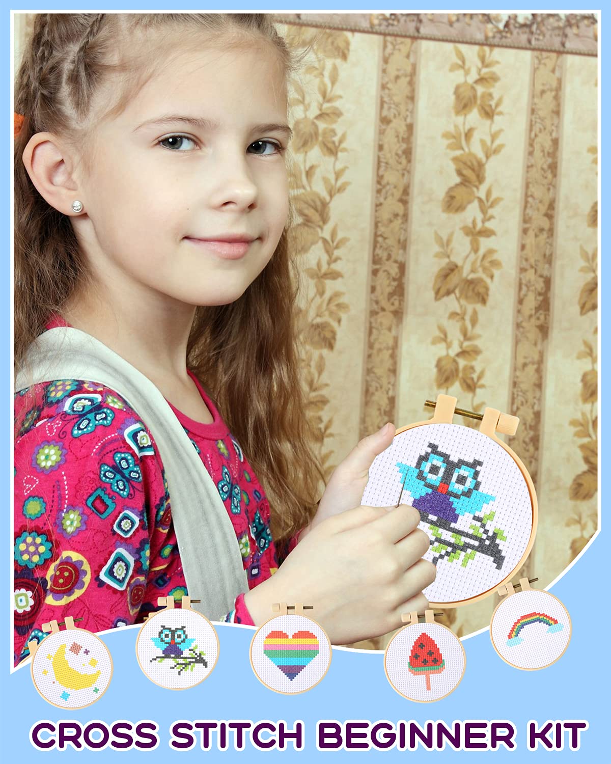 Pllieay Cross Stitch Beginner Kit for Kids 7-13, Includes 6pcs Project Cross Stitch Pattern and 2pcs Hoops, 12 Skeins, Needle Point Starter Kit Sewing Set with Instructions for Christmas Gift