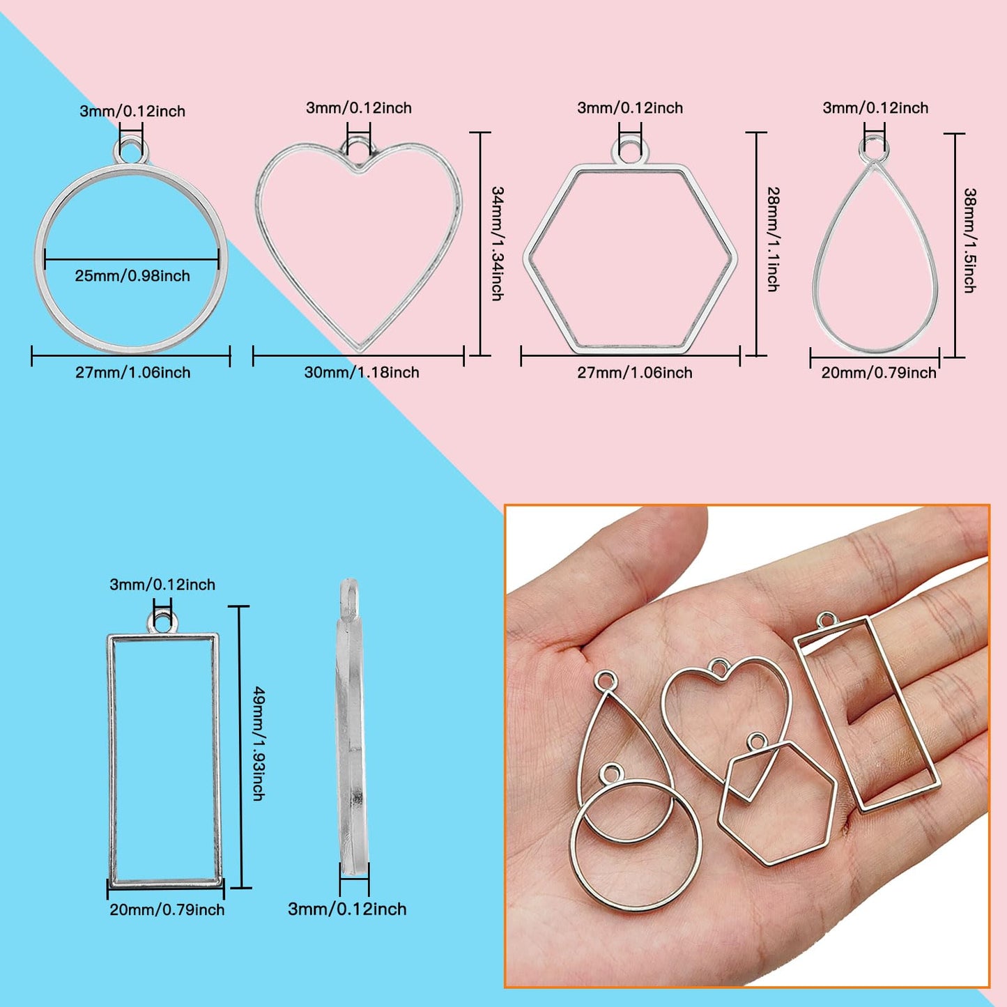 50pcs Open Bezels 5 Styles Open Frame Pendant Open Back Bezel Pendants Geometric Hollow Frame Pendant for Resin Casting, Necklace, Earrings, Pressed Flower, DIY Crafts(White K)