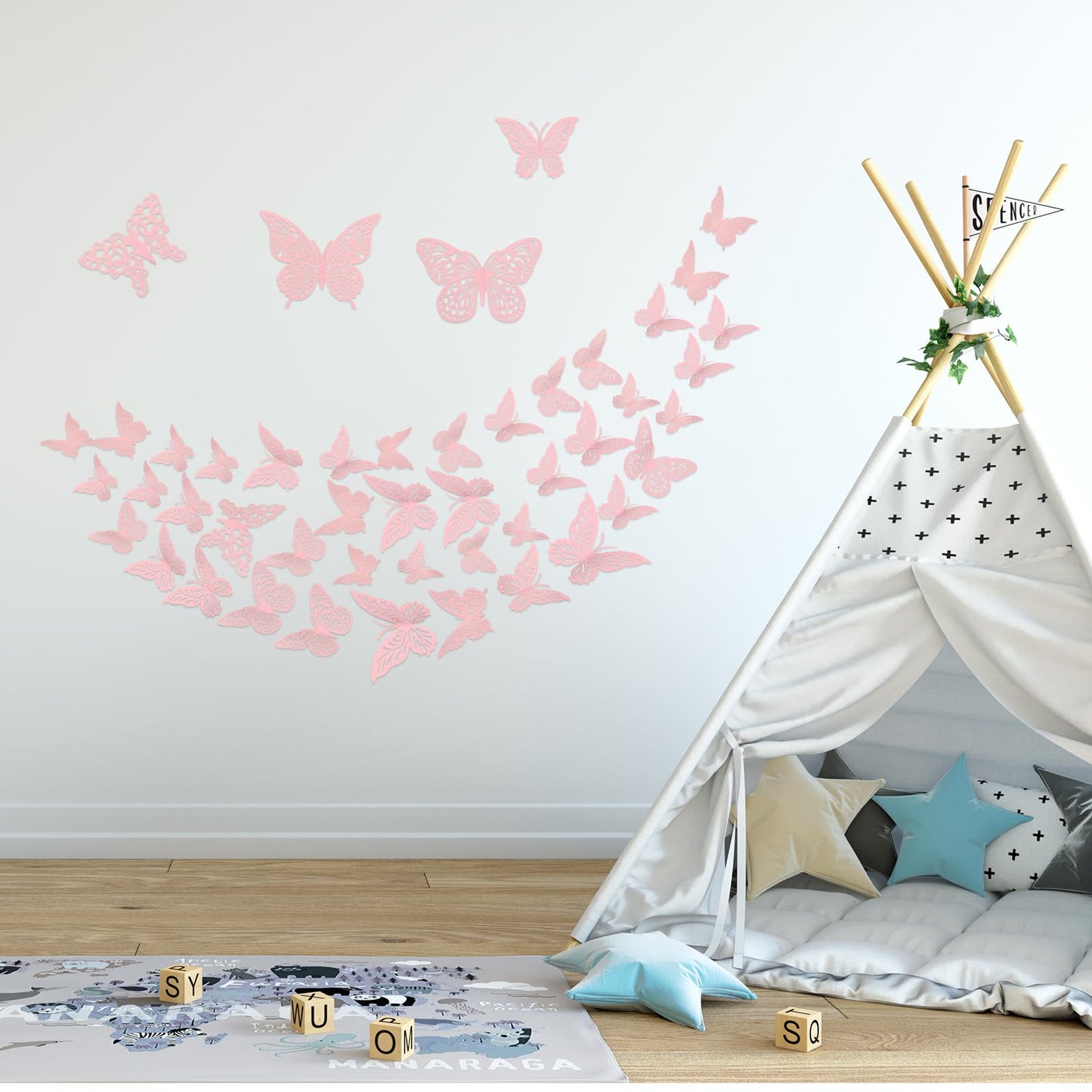 3D Gold Butterfly Wall Decor 3 Sizes 4 Styles Butterfly Party Decorations Cake Decorations Removable Stickers Wall Decor Room Mural Metallic Kids (Pink, 48Pcs)