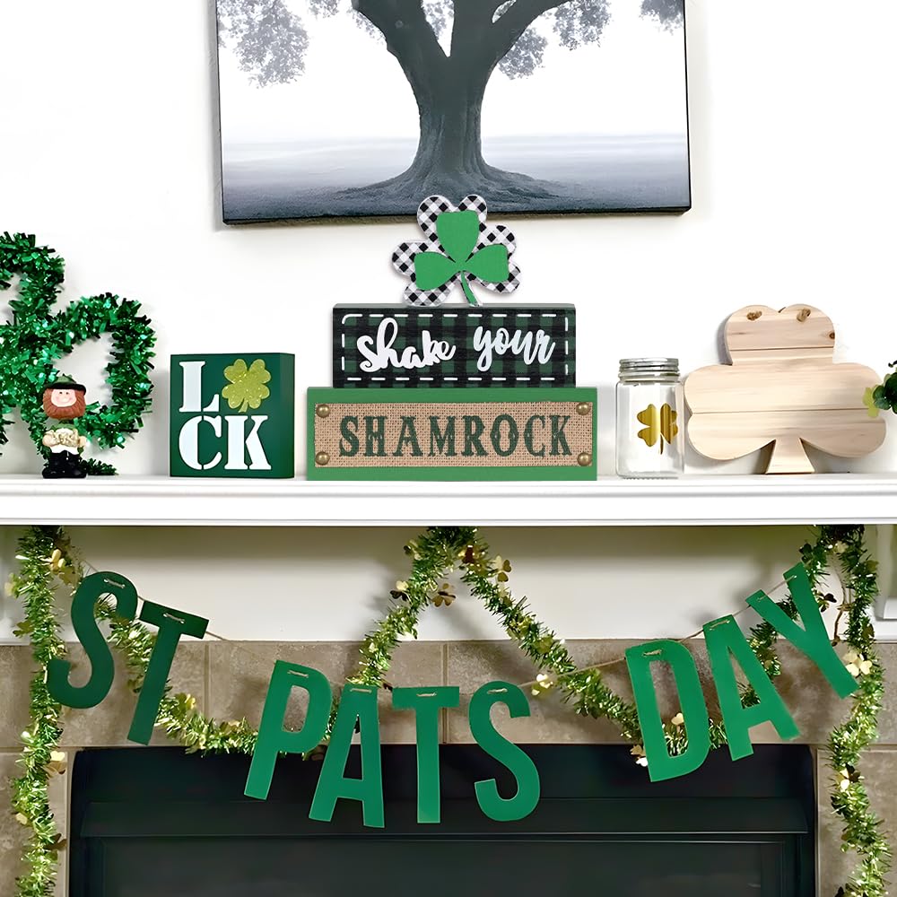 St Patricks Day Decorations, 3-Layered Shamrock Wood Block St Patricks Day Decor, Shamrock Ornaments Shake Your SHAMROCK Sign Saint Patricks Day Decorations for the Home, Table, Mantel