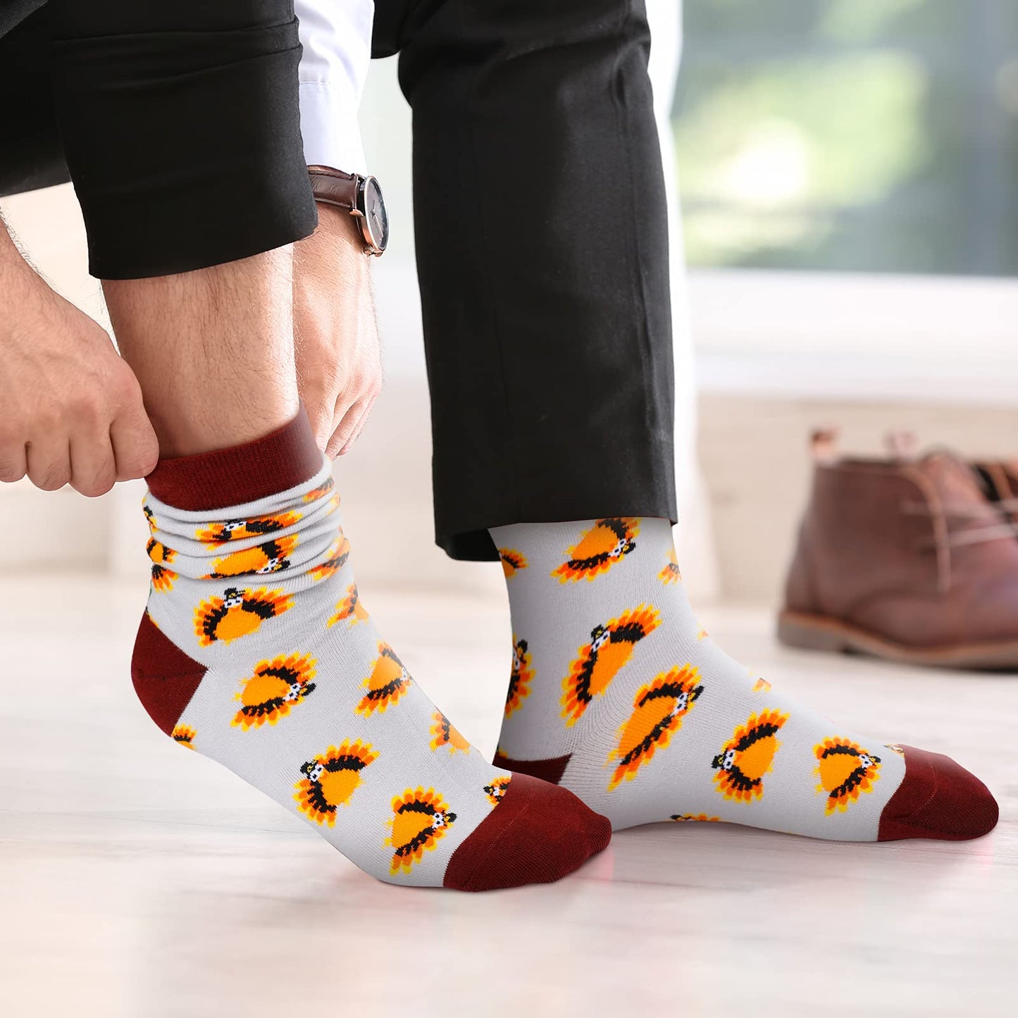 4 Pairs Thanksgiving Autumn Fall Socks Turkey Maple Leaf Pumpkin Mushroom Novelty Crew Socks for Women Men (Classic Warm Color)