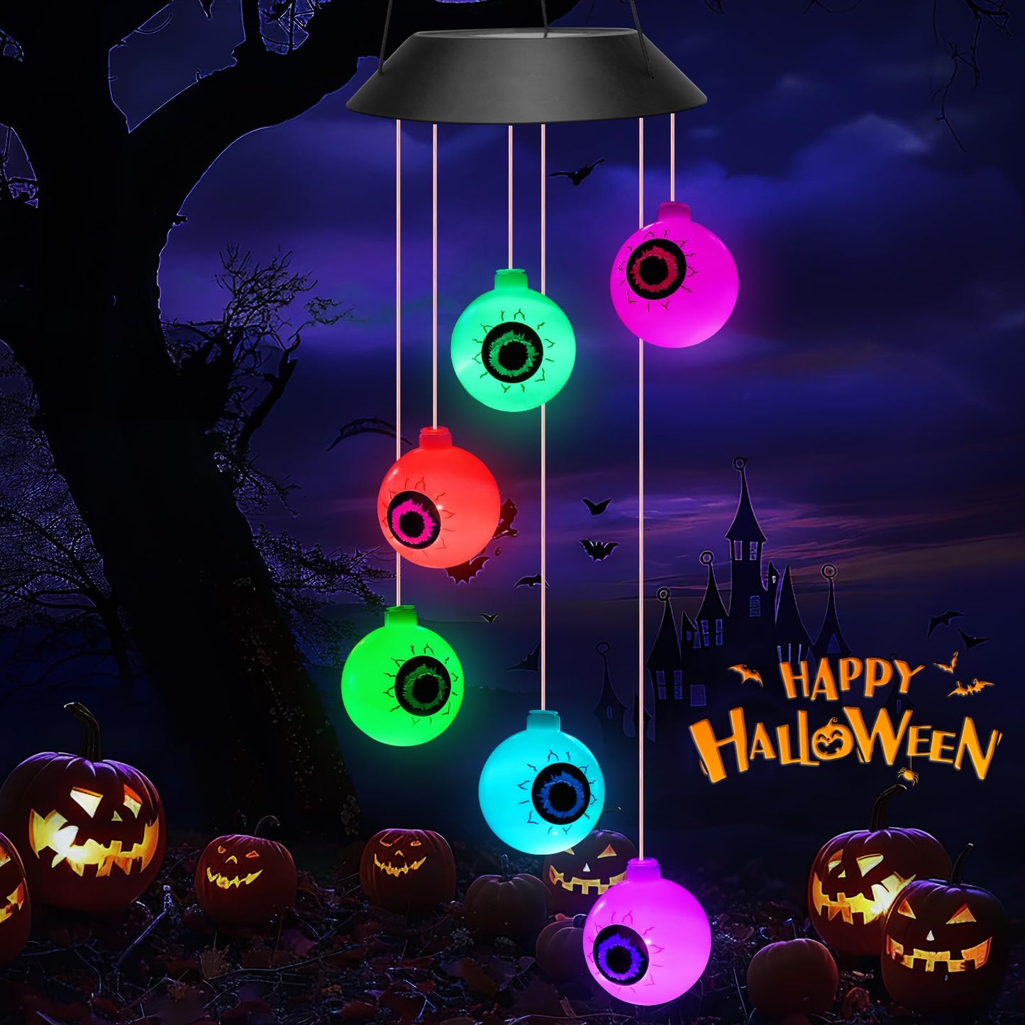 Winzwon Halloween Decorations Outside Solar Outdoor Lights Waterproof Eyeballs Wind Chimes for Party Yard Porch Patio Home Window Indoors Hanging Mobile Decor