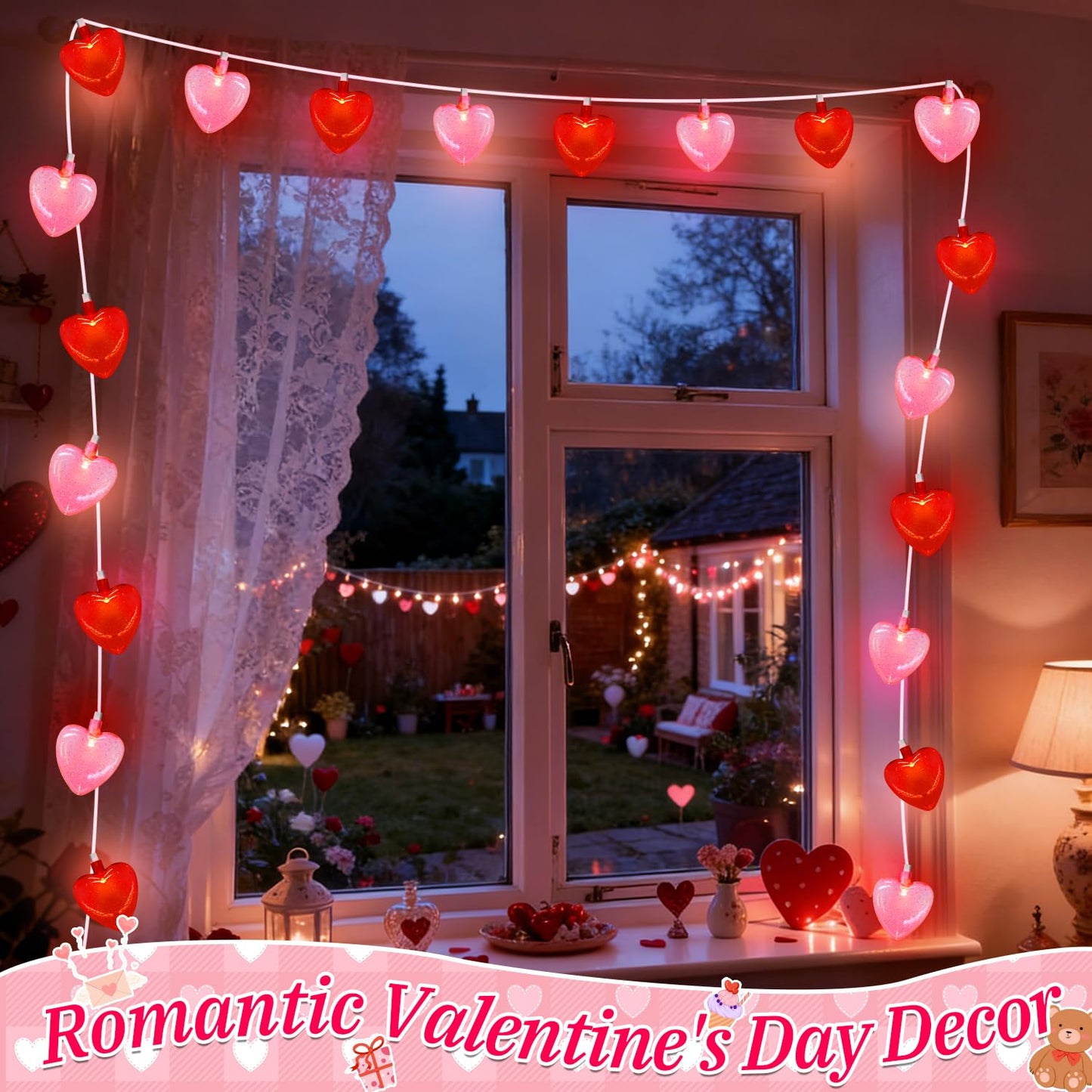 LED Valentines Day Lights - 8.5Ft Led Red and Pink Heart String Lights with Sequins, Plug in Valentine Day Heart Lights Outdoor Waterproof for Valentines Day Decorations for the Home & Party, 0.48W