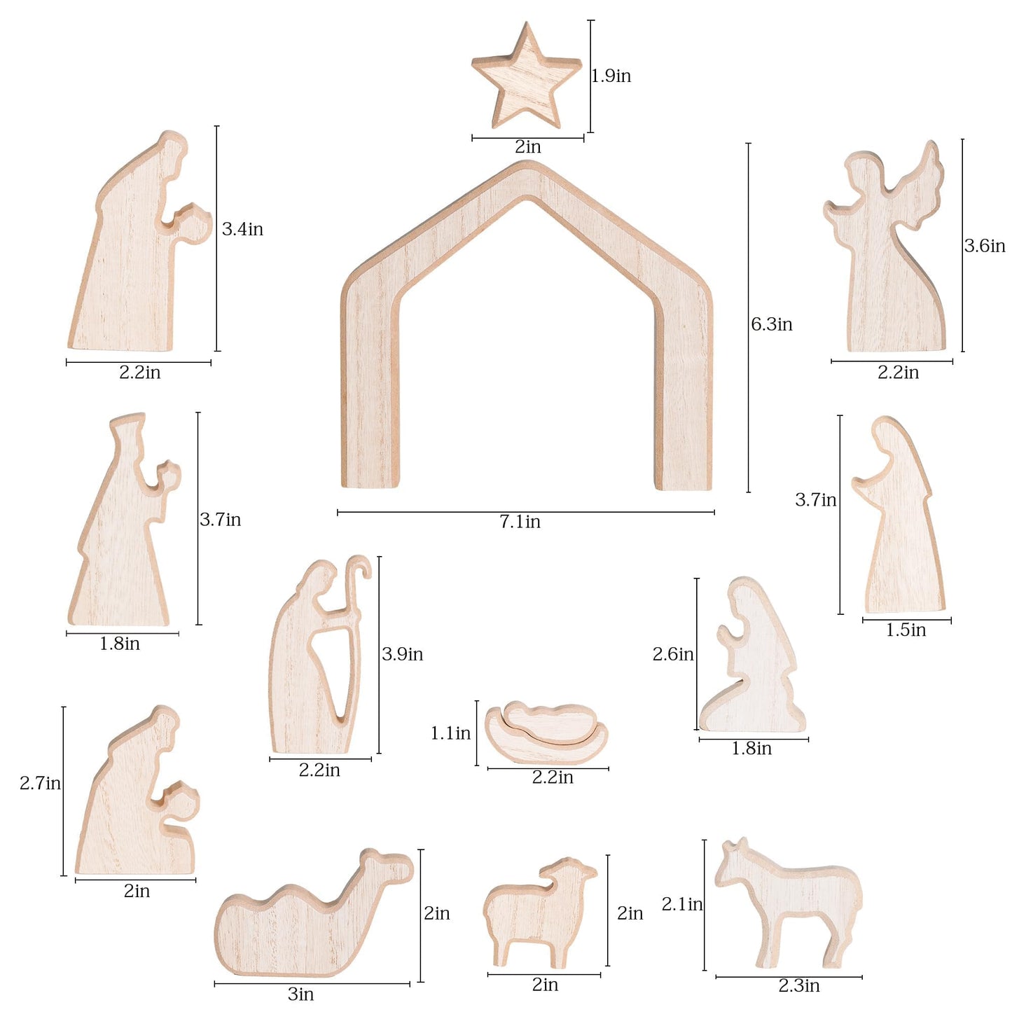 Nativity Scene Set, 13Pcs Wooden Christmas Nativity Scene Miniature Holy Family Figurines, Minimalism Boho Tabletop Christmas Manger Decorations for Indoor Home Mantel Display