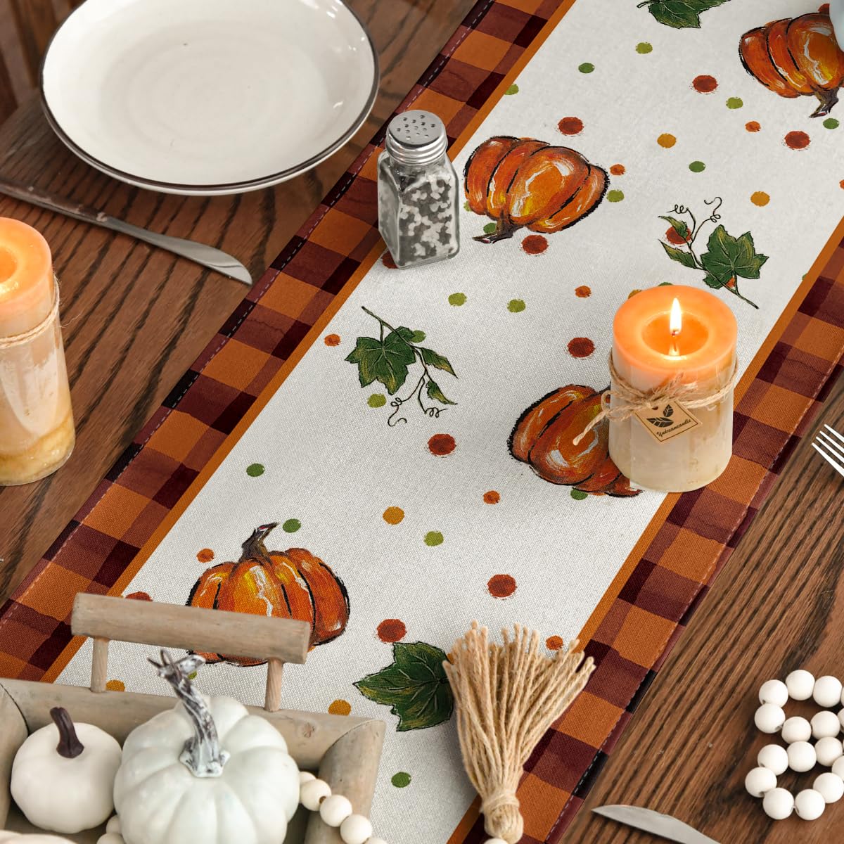 Artoid Mode Pumpkin Bowknot Buffalo Plaid Fall Table Runner,Seasonal Autumn Kitchen Dining Table Decoration for Home Party Decor 13x72 Inch