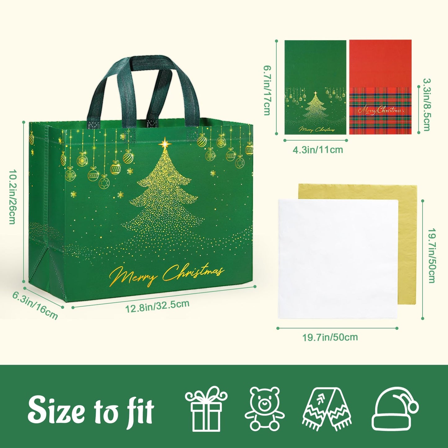 2 Pack 13" Large Christmas Gift Bags with Tissue Paper, Reusable Non-Woven Christmas Bag with Handles for Holiday Presents Wrapping, Holiday Tote Bags for Gifts Wrapping Xmas Party Favors