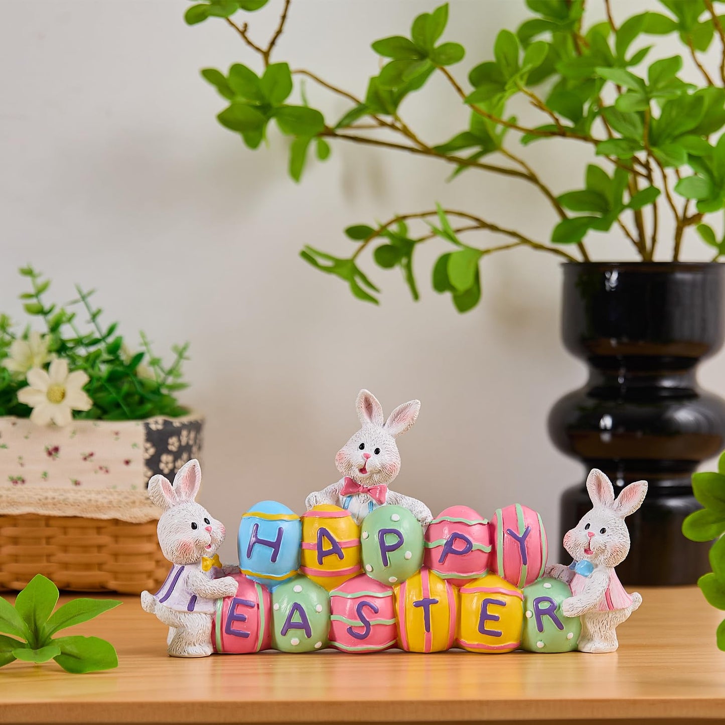 3 Bunny Holding Eggs and Happy Easter Decorations, Resin Easter Bunny Rabbits Figurine Tabletop Centerpiece for Spring Decor Easter Home Office Party Decor