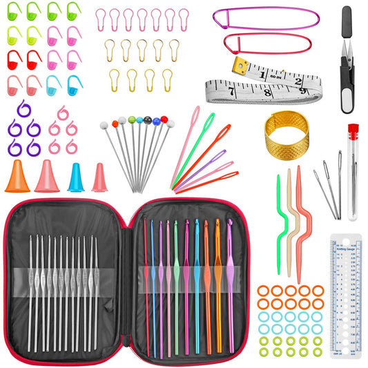 URWOOW 100 Pcs Crochet Hook Set with Yarn Knitting Needles Sewing Tools Full Set Knit Gauge Scissors Stitch Holders Household Tool Kit