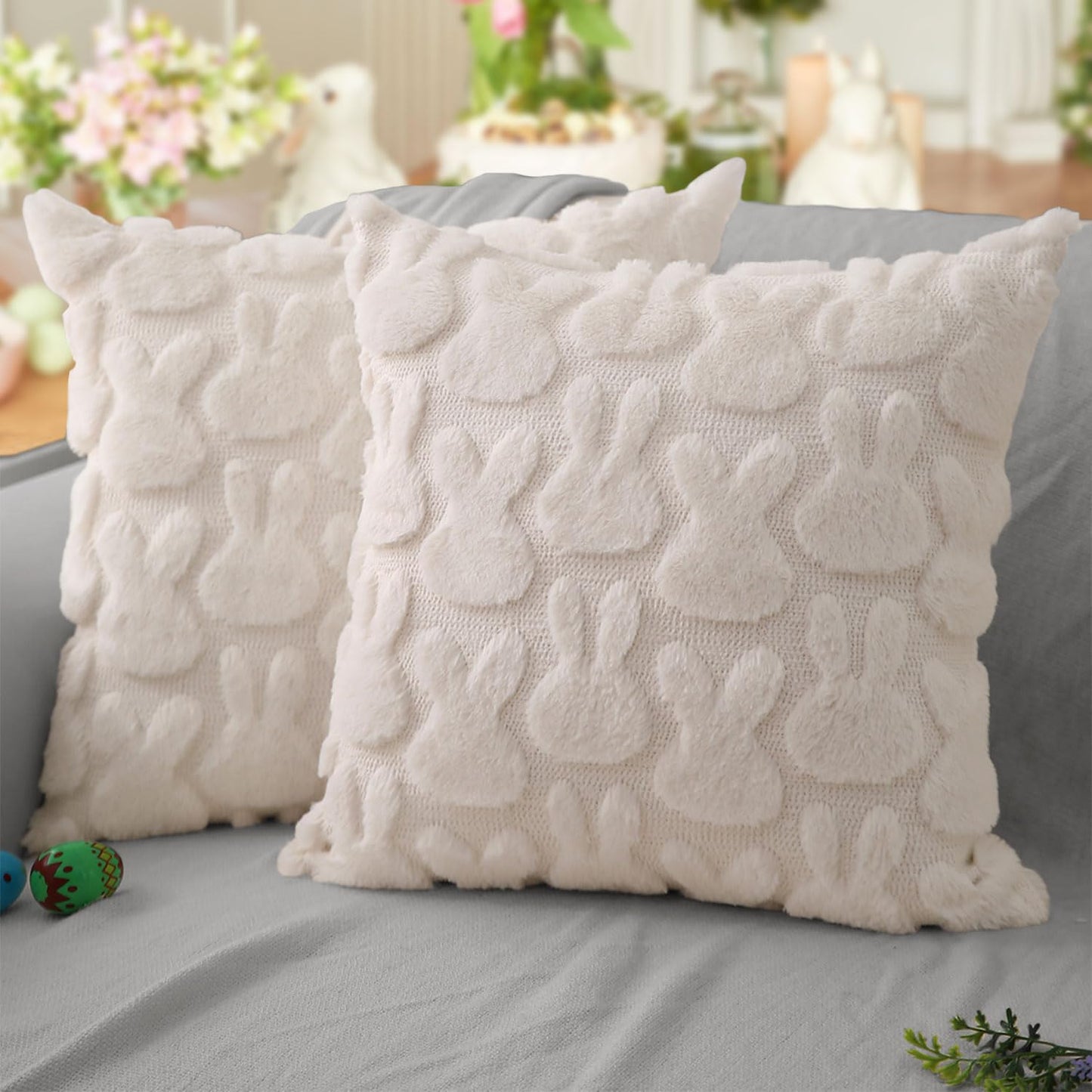 Easter Pillow Covers 18x18 inch Set of 2 Easter Decoration Cream White Rabbit Soft Plush Faux Fur Jacquard Throw Pillows for Bedroom Sofa Holiday Festivals Home Decor FHJ-010A18
