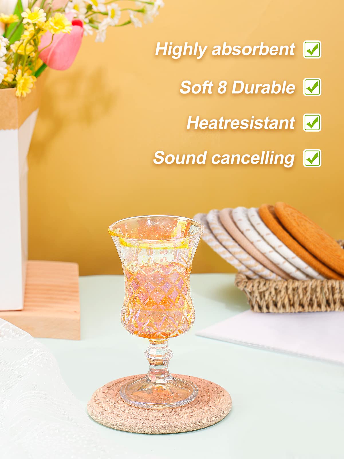 Handmade Woven Drink Coasters, 8 Pcs BOHO Coasters for Home Decor, Absorbent Farmhouse Cotton Table Coasters for Kinds of Cups New House Gift (4.3in, Yellow/Brown/White)