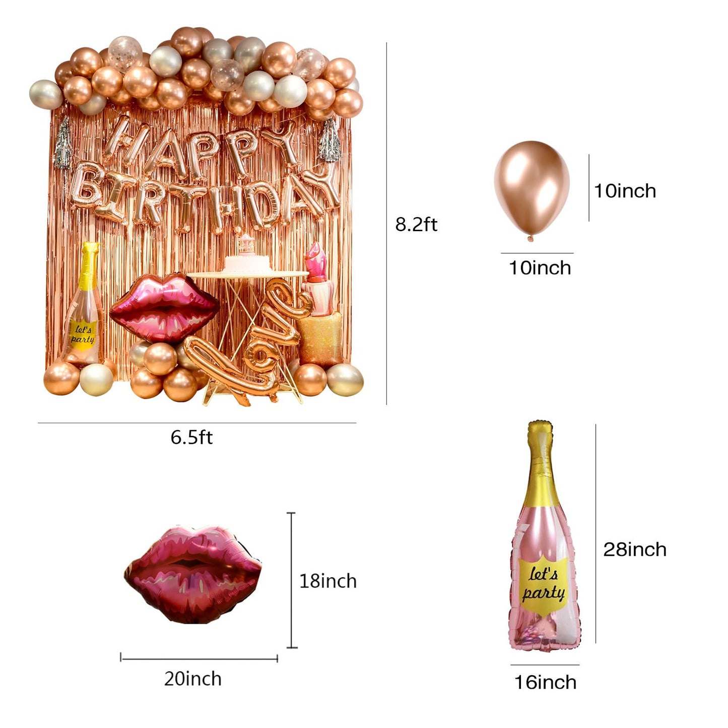 Rose Gold birthday decorations for women ，happy birthday party decorations for girls，Rose Gold Fringe Curtain，happy birthday banner， balloon letters