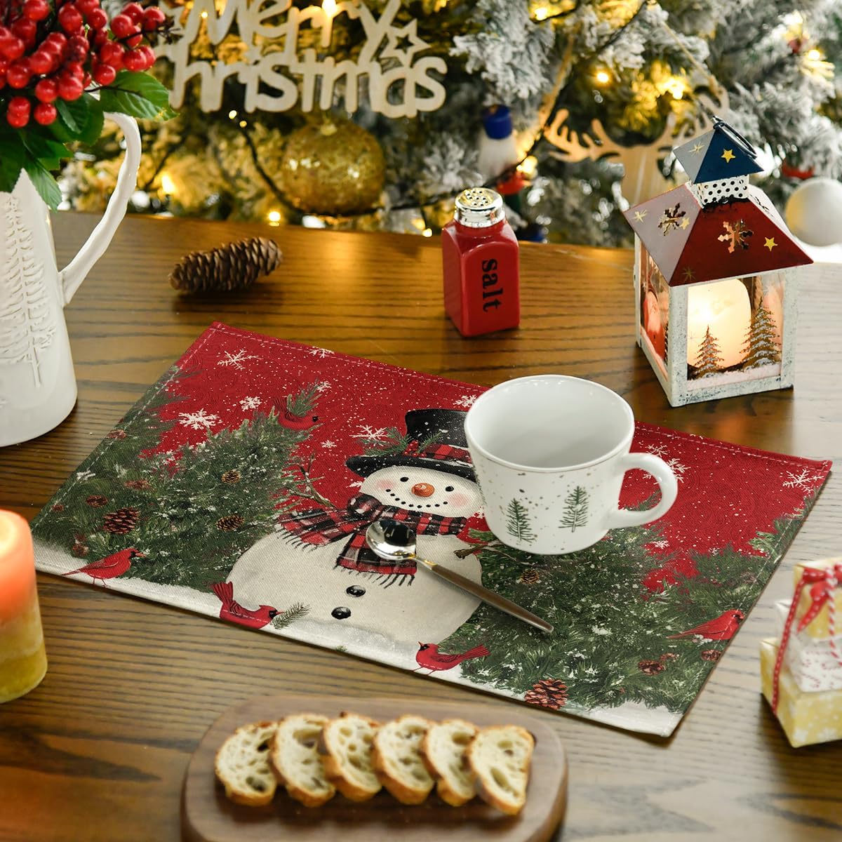 Snowman Cardinals Trees Christmas Placemats for Dining Table, 12 x 18 Inch Seasonal Winter Birds Xmas Holiday Rustic Vintage Thanksgiving Washable Table Mats Set of 4