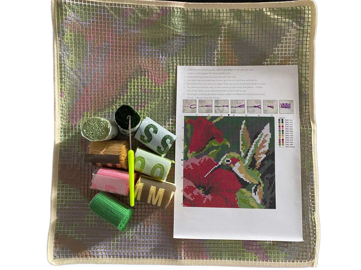 Colorful Hummingbird Latch Hook Craft Kit, 16'' X 16'' Tapestry Kits Latch Hook Rug Kits Carpet Embroidery Needlework DIY Rugs Hook Rug