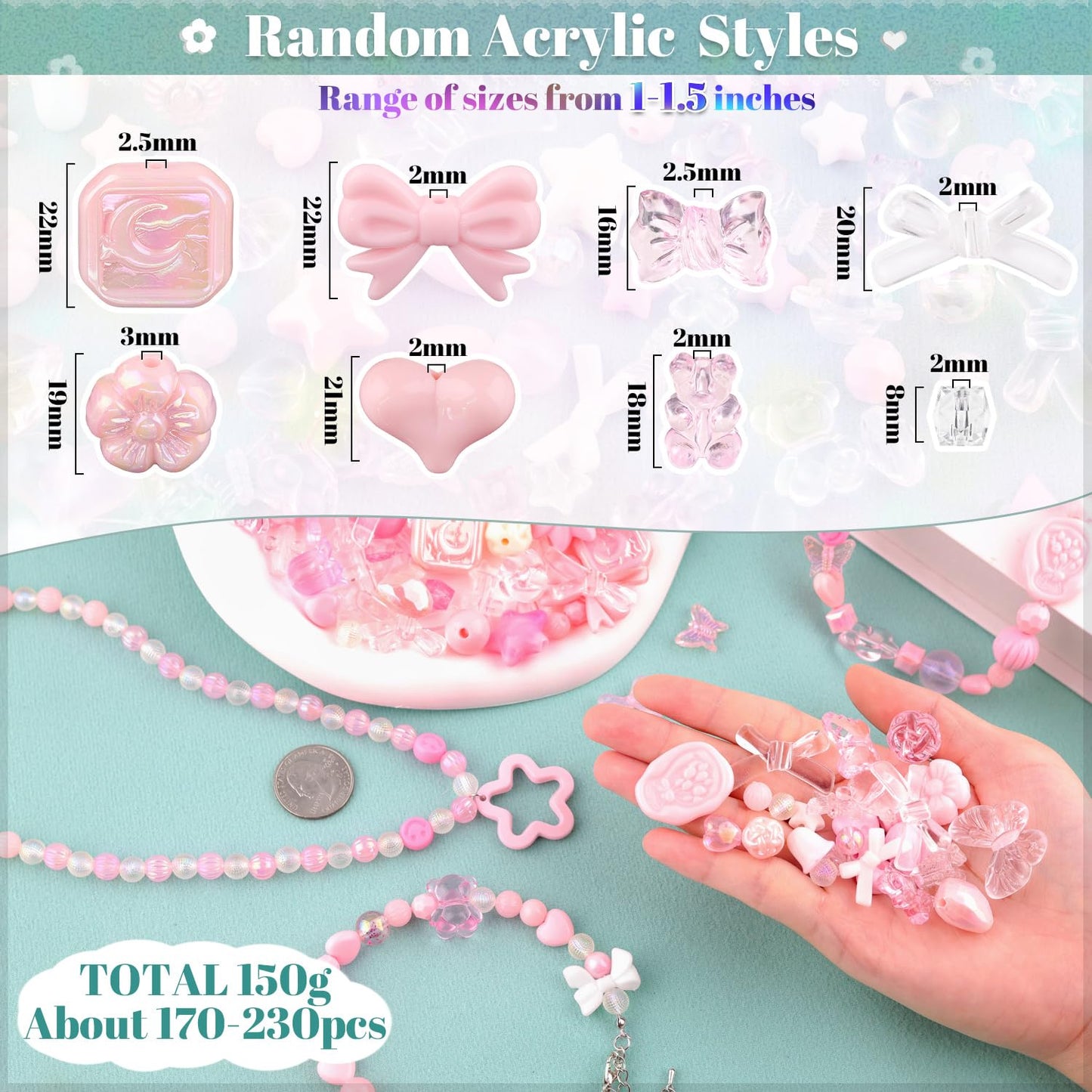 TINKRSTUFF Assorted 170-230PCS Pink Acrylic Beads for Bracelet Making, Flower Bow Butterfly Candy GummyBear Aesthetic Bracelet Charms,Cute Beads for Jewelry Making DIY Necklace Keychain Phone Charm