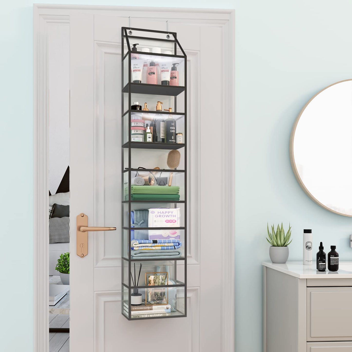 The Door Hanging Pantry Organizer 5-Shelf Room Organizer with Clear Plastic Pockets Behind The Door Storage Organizer Large Capacity Organizer for Closet Bedroom Bathroom (Grey)
