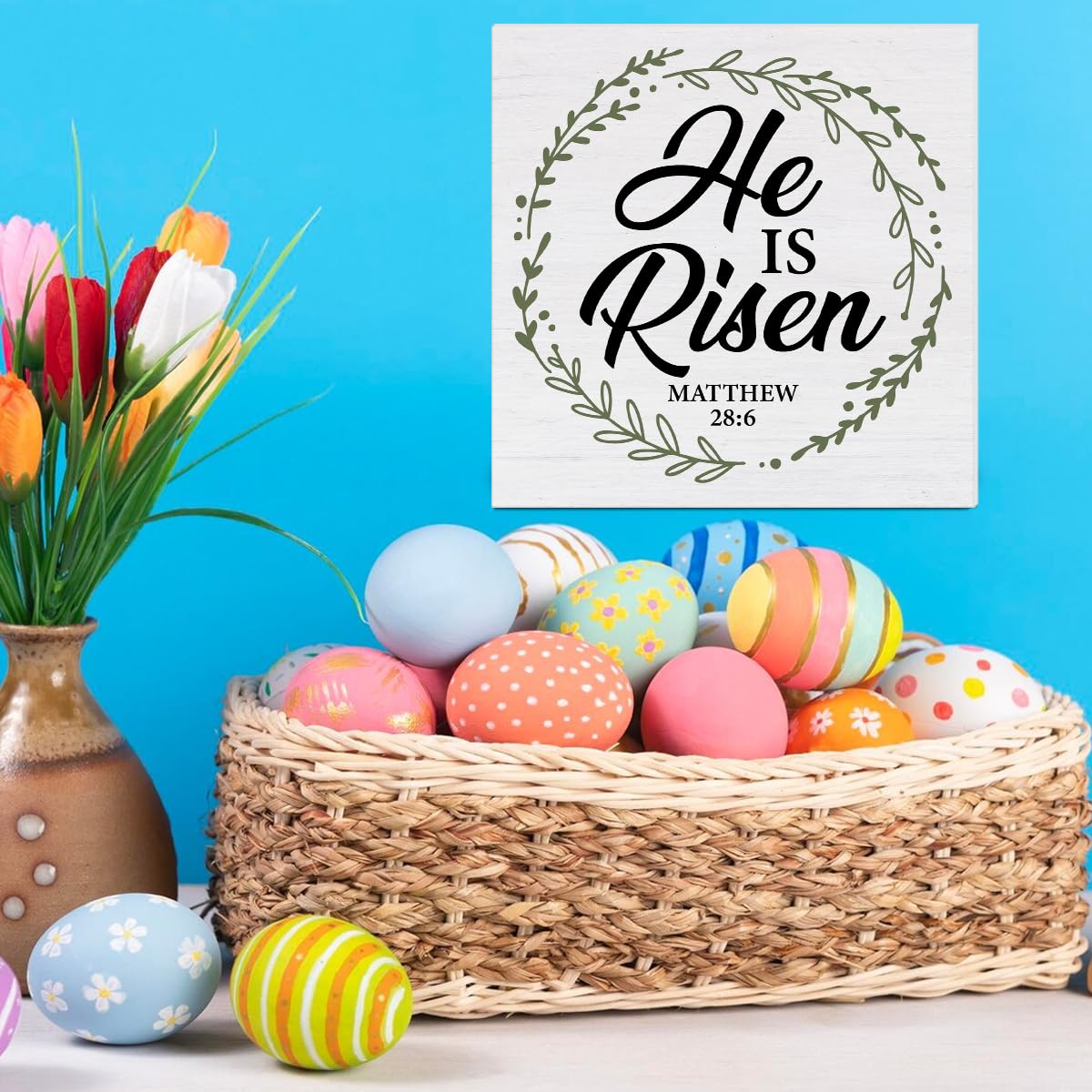 Christian Decor Rustic He Is Risen Bible Verse Wooden Sign Easter Desk Decorations Home Bedroom Living Room Shelf Decor 5 x 5 Inches