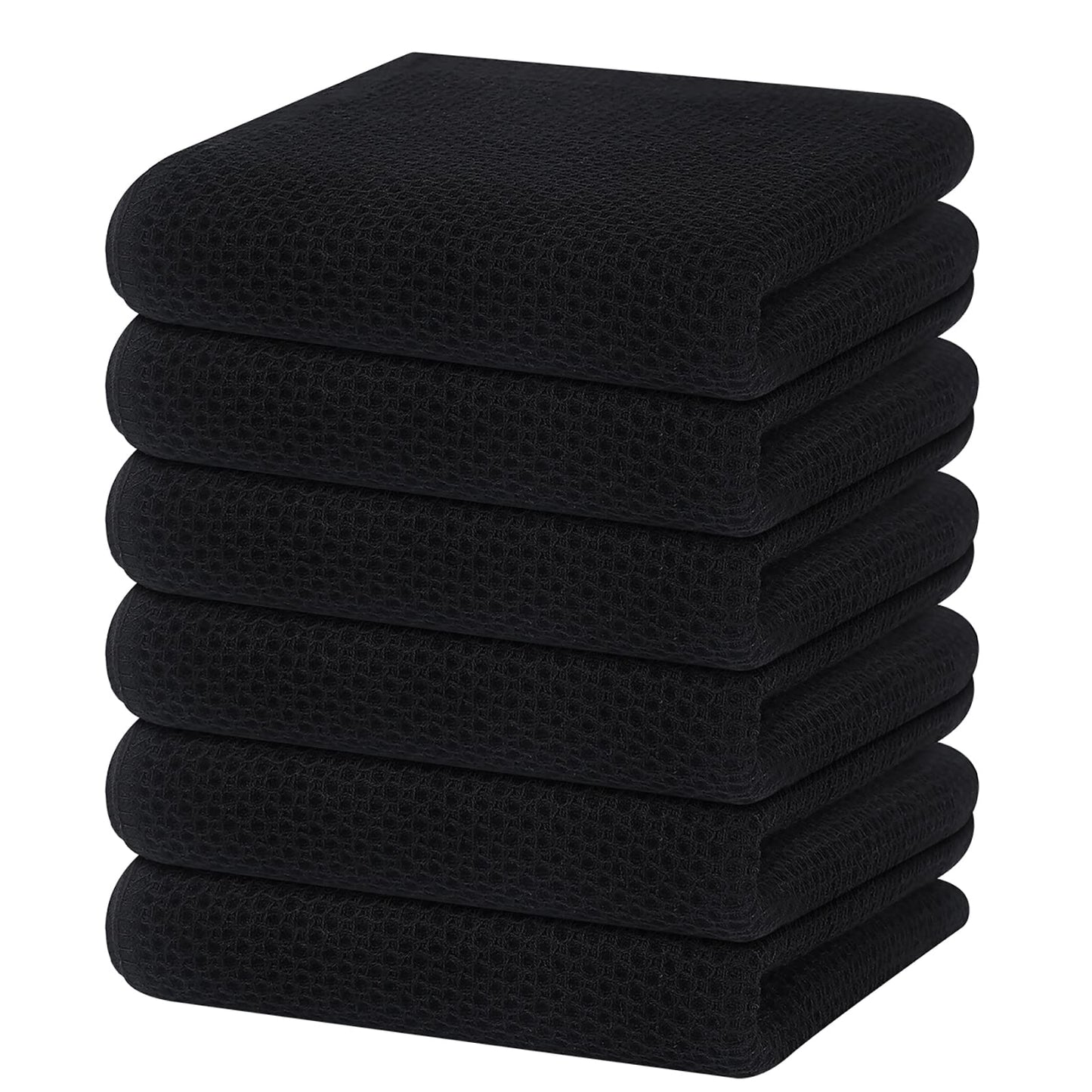100% Cotton Waffle Weave Kitchen Dish Towels, Ultra Soft Absorbent Quick Drying Cleaning Towel, 13 x 28 Inches, 6-Pack, Black