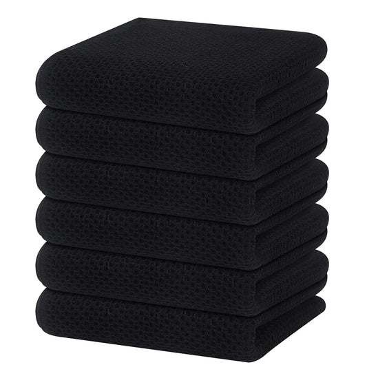 100% Cotton Waffle Weave Kitchen Dish Towels, Ultra Soft Absorbent Quick Drying Cleaning Towel, 13 x 28 Inches, 6-Pack, Black