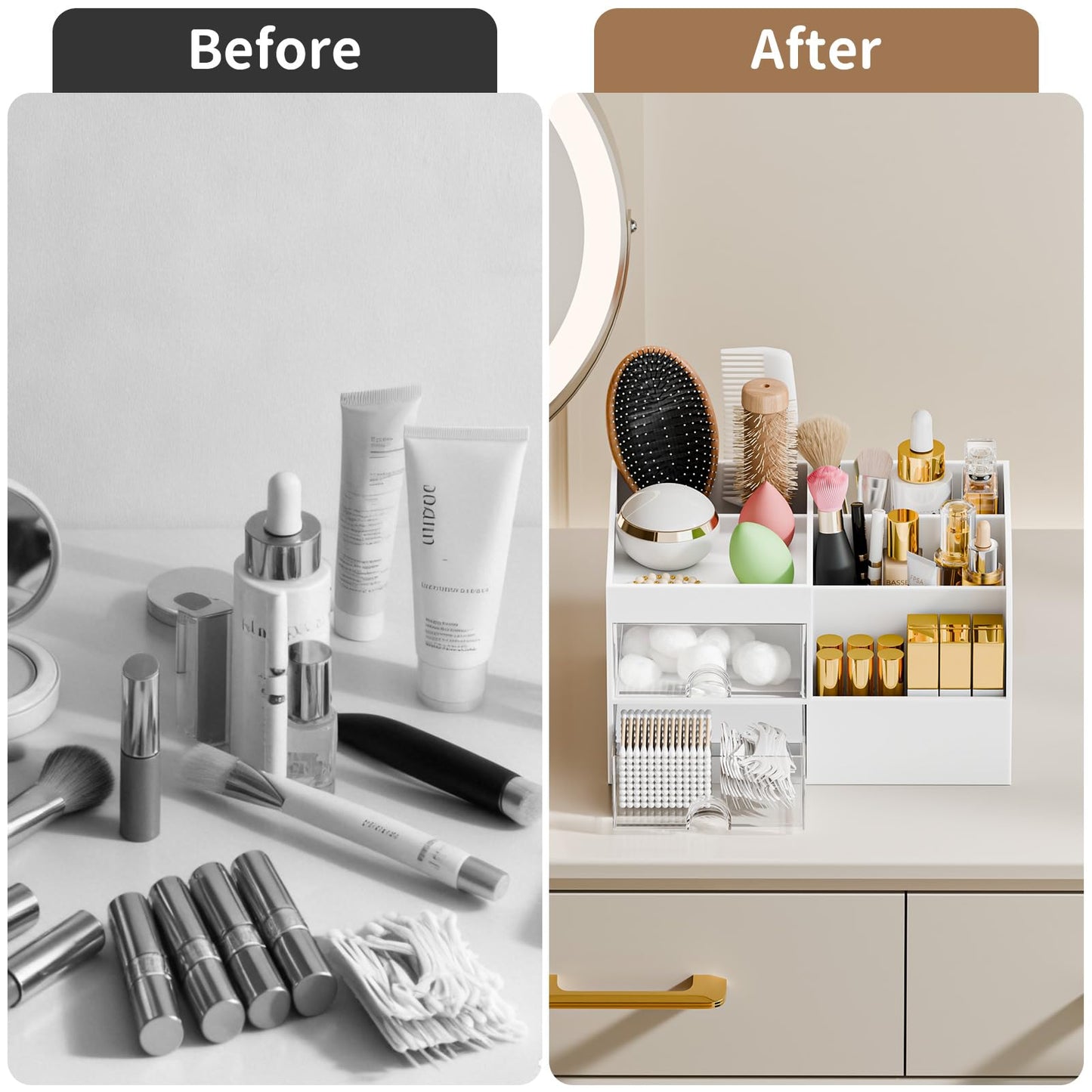 Makeup Organizer with 2 Drawers, Makeup Organizers Countertop for Vanity and Bathroom, Make up organization and Skincare Storage with Brush Holder, for Dresser, Desktop, Cosmetic Display Case (White)