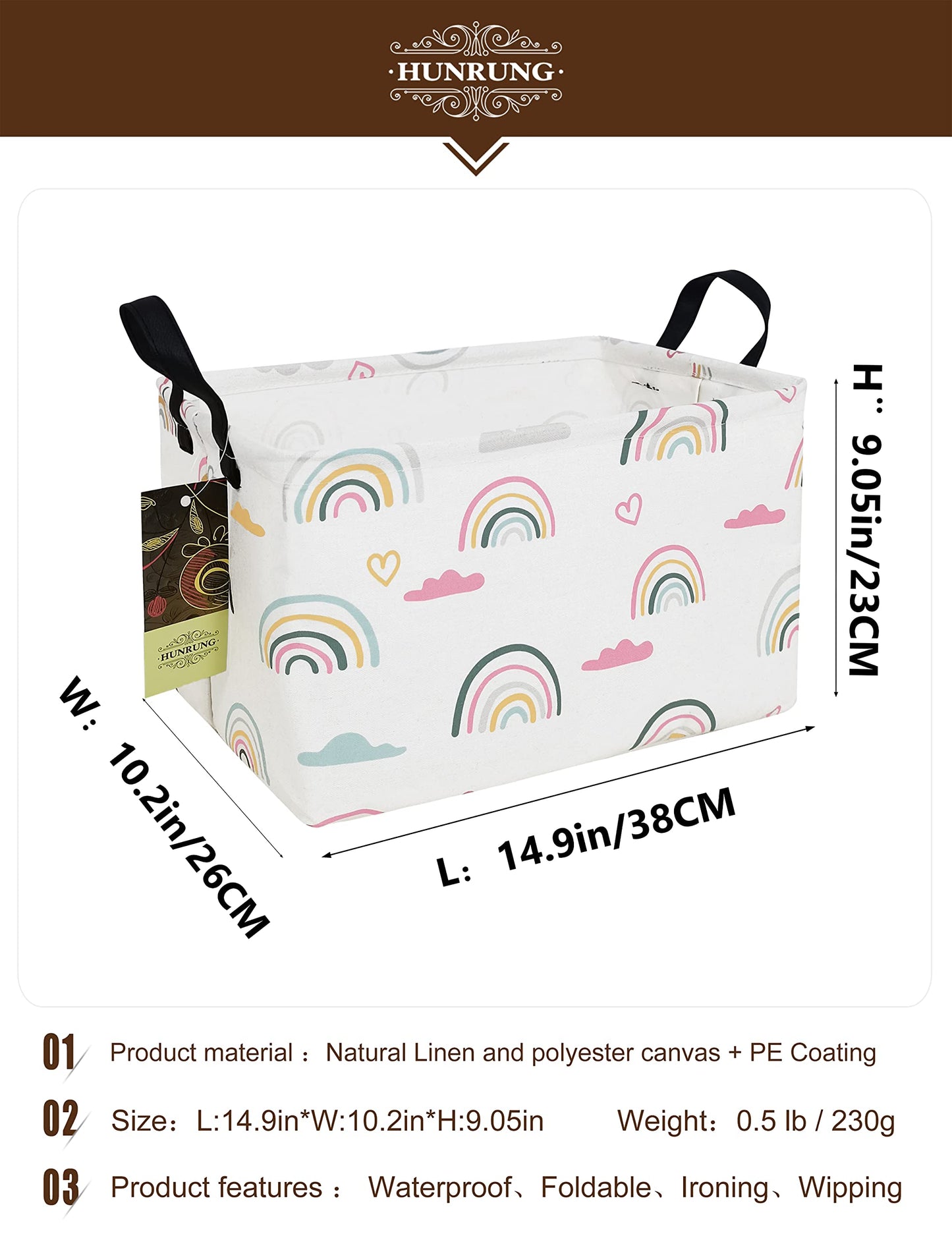 Rectangle Storage Basket Cute Canvas Organizer Bin for Pet/Children Toys, Books, Clothes Perfect for Rooms/Playroom(Rec-Rainbow)