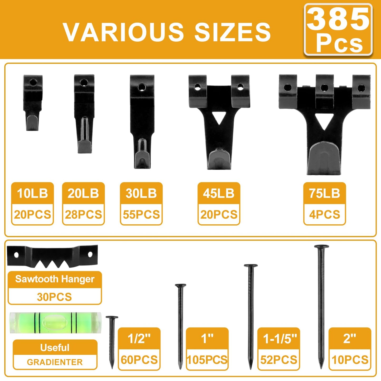 385Pcs Picture Hanging Kit with Heavy Duty Picture Hanging Hooks, Sawtooth, Hardware Nails and Picture Hanging Tool, Wall Hangers for Frame, Painting, Art, Photo (Black)