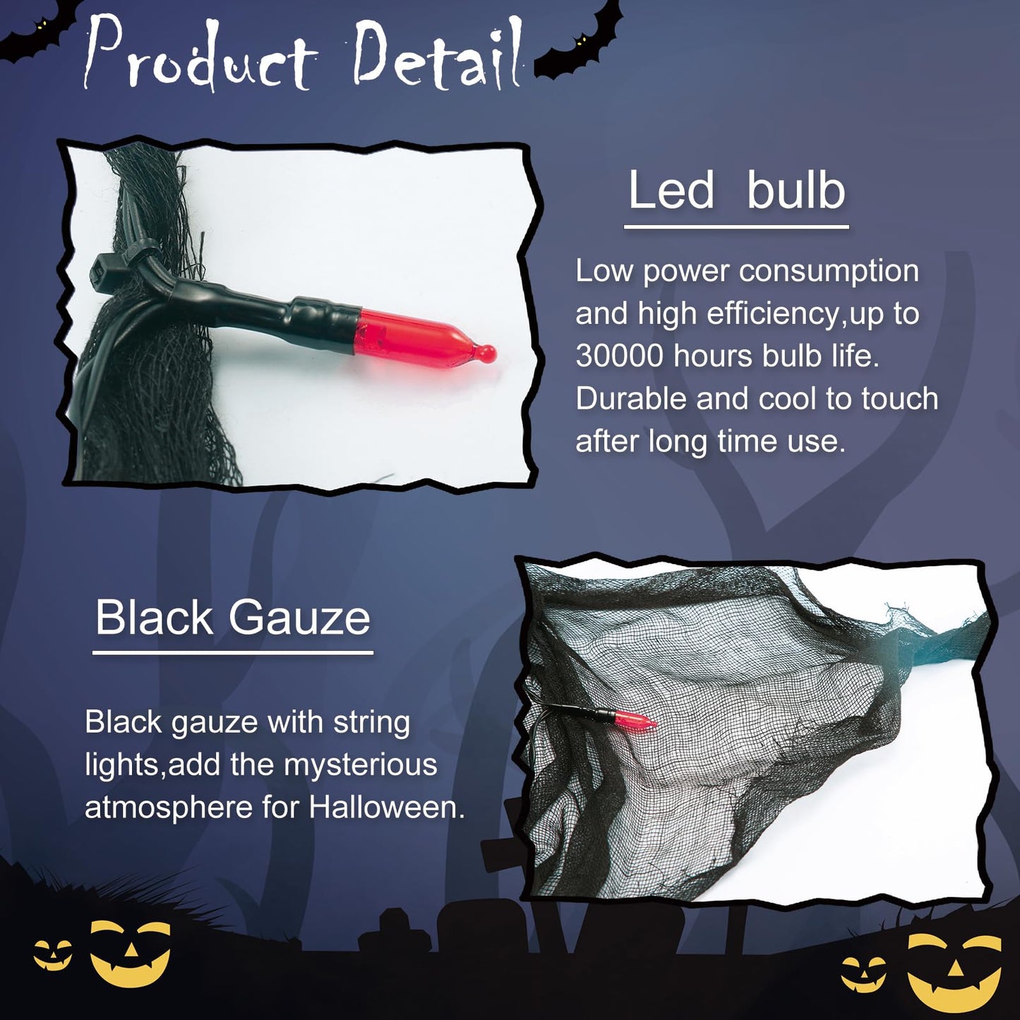 Halloween Decorations String Lights Red Indoor 30LED with Black Gauze Timer, 2Mode Battery Operated 9.9Ft Creepy Cloth Spooky Lights, Gothic Party Room Decor (1PACK