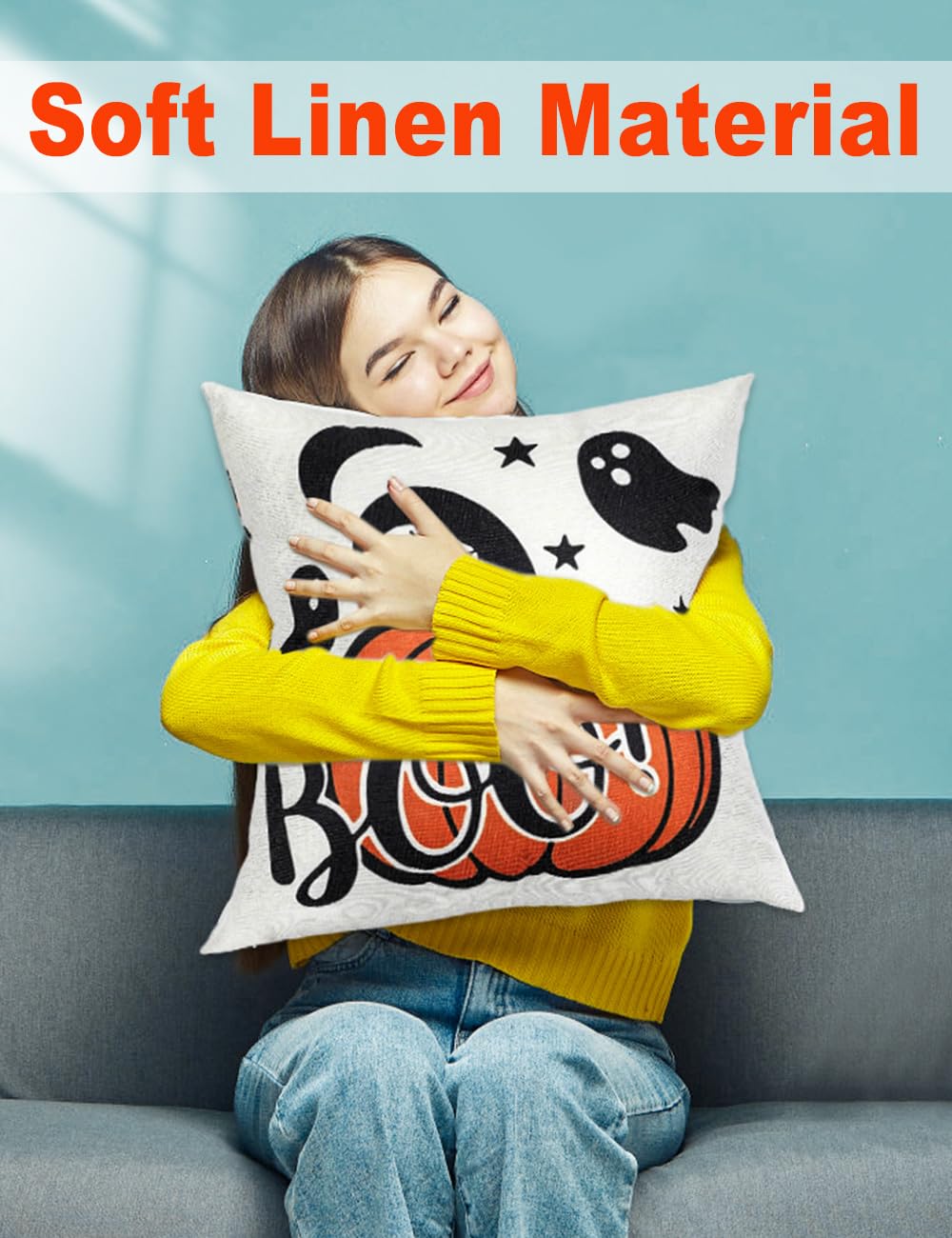 Halloween Decorations Double-Side Printing Pillow Covers 18'' x 18'' Set of 4, with 8 Cute Halloween Decor Patterns, Invisible Zipper, Durable Soft Linen Throw Pillow Covers Outdoor Indoor