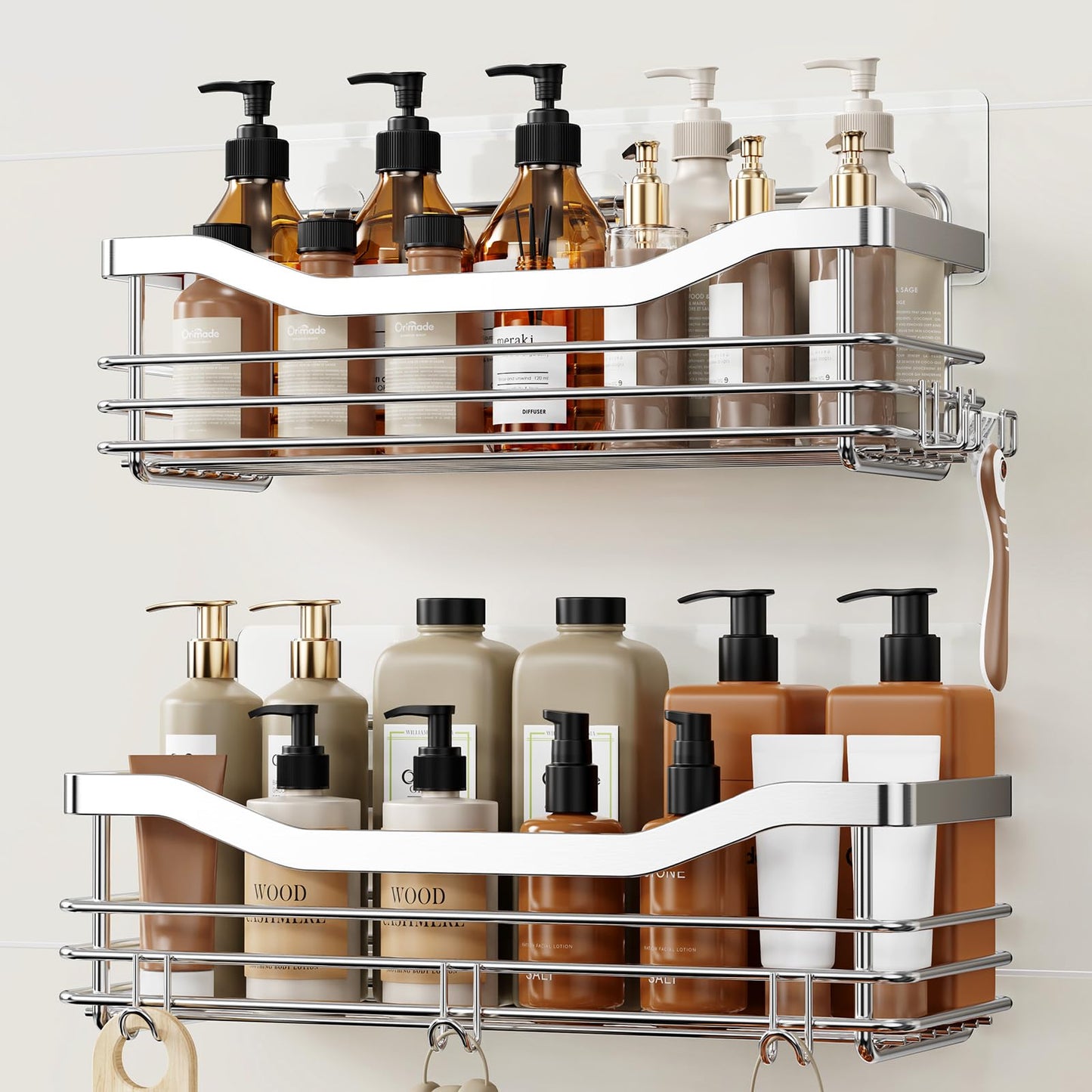 Orimade Shower Caddy Basket Shelf with 5 Hooks Adhesive Organizer Storage Rack Rust Resistant Wall Mounted Stainless Steel No Drilling for Bathroom, Toilet, Kitchen - 2 Pack
